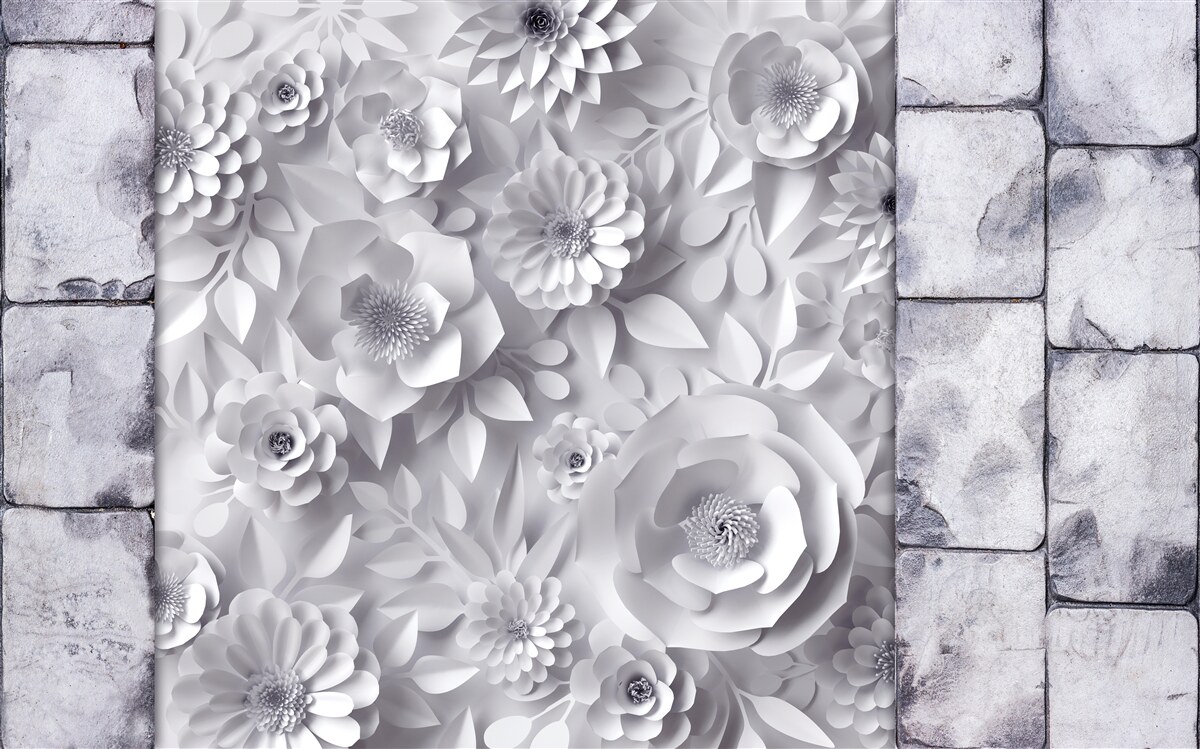 Papier peint fleurs multicolores en trois dimensions sur fond de briques