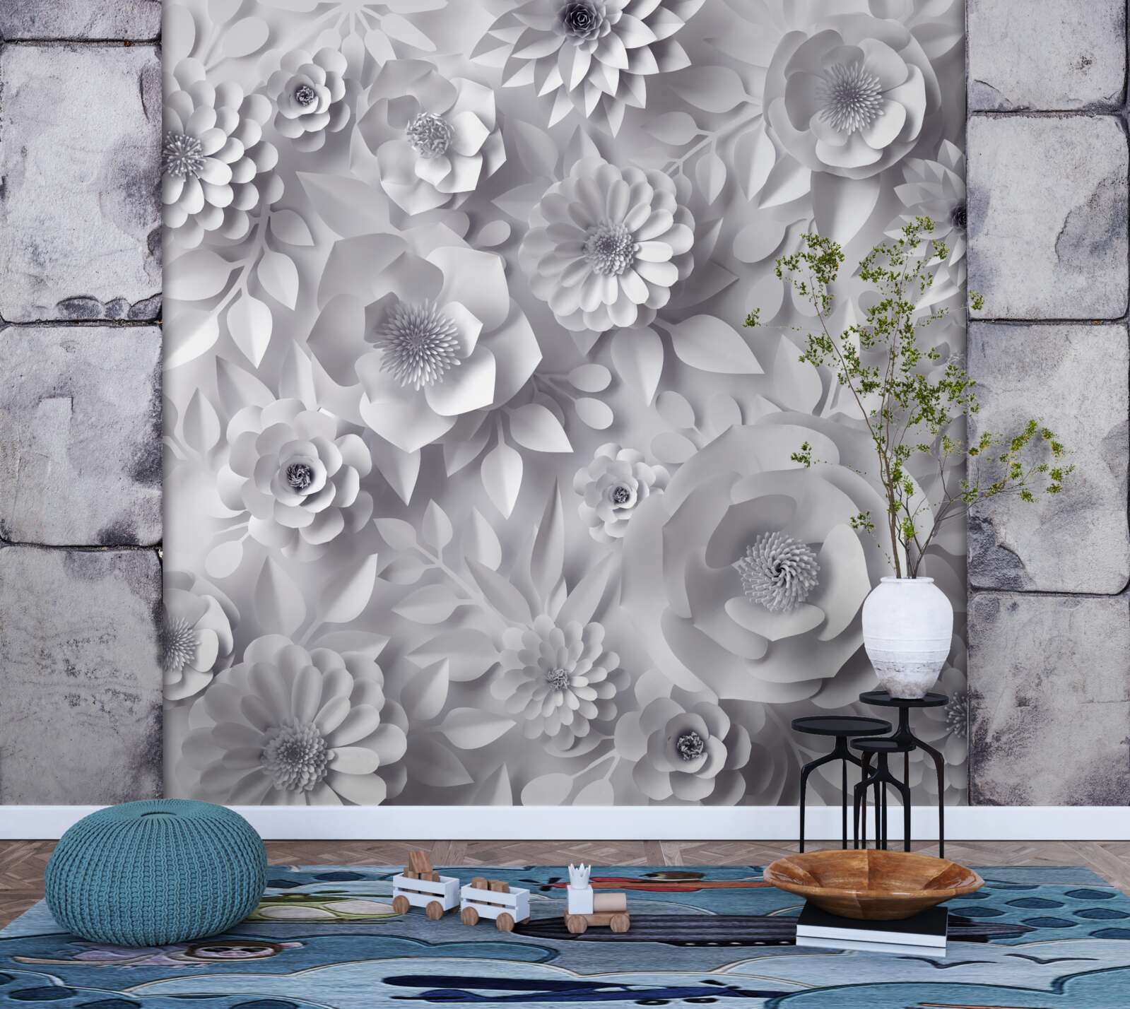 Papier peint fleurs multicolores en trois dimensions sur fond de briques