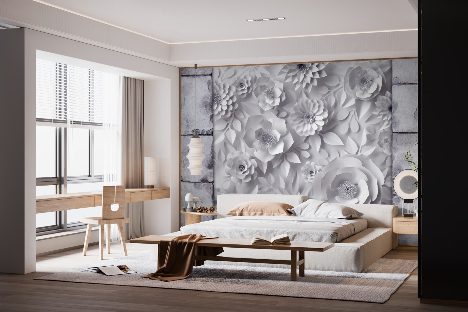 Papier peint fleurs multicolores en trois dimensions sur fond de briques