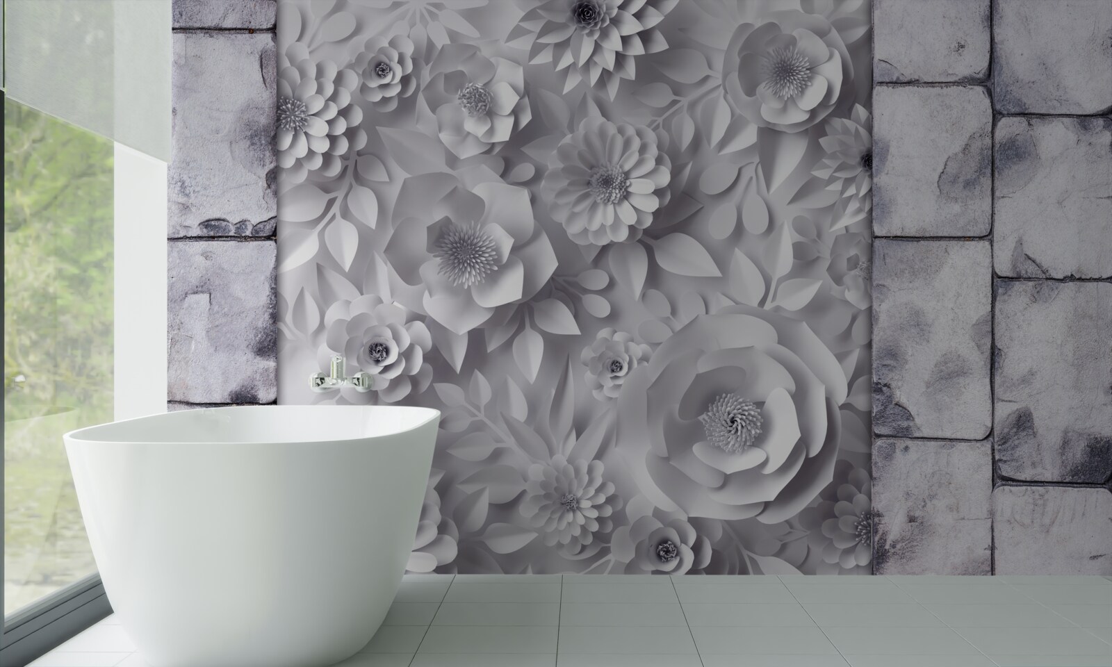 Papier peint fleurs multicolores en trois dimensions sur fond de briques