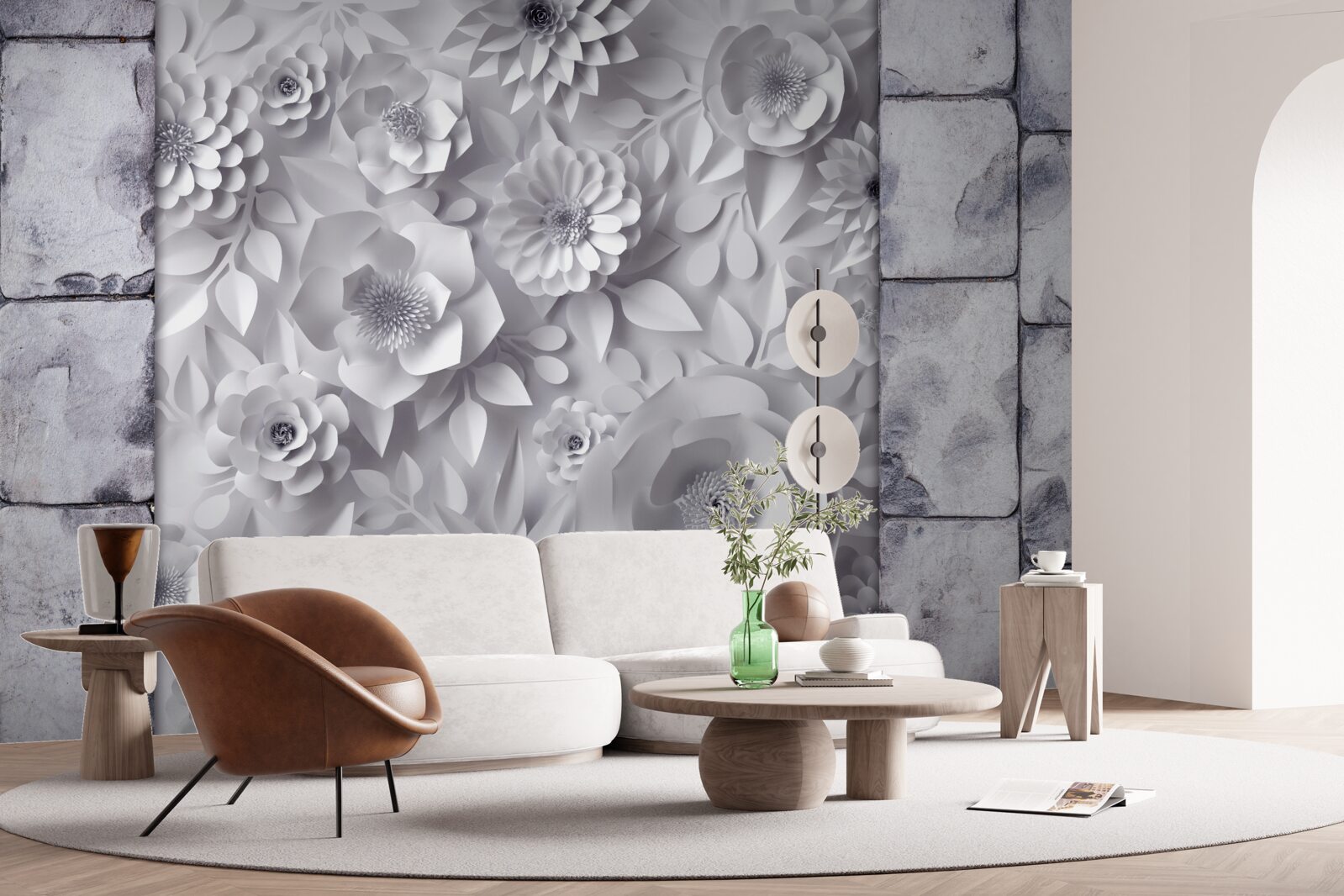 Papier peint fleurs multicolores en trois dimensions sur fond de briques