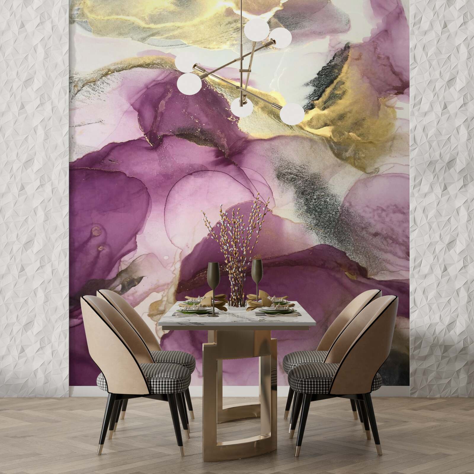 Papier peint abstrait en forme d'oiseaux sur des feuilles violettes