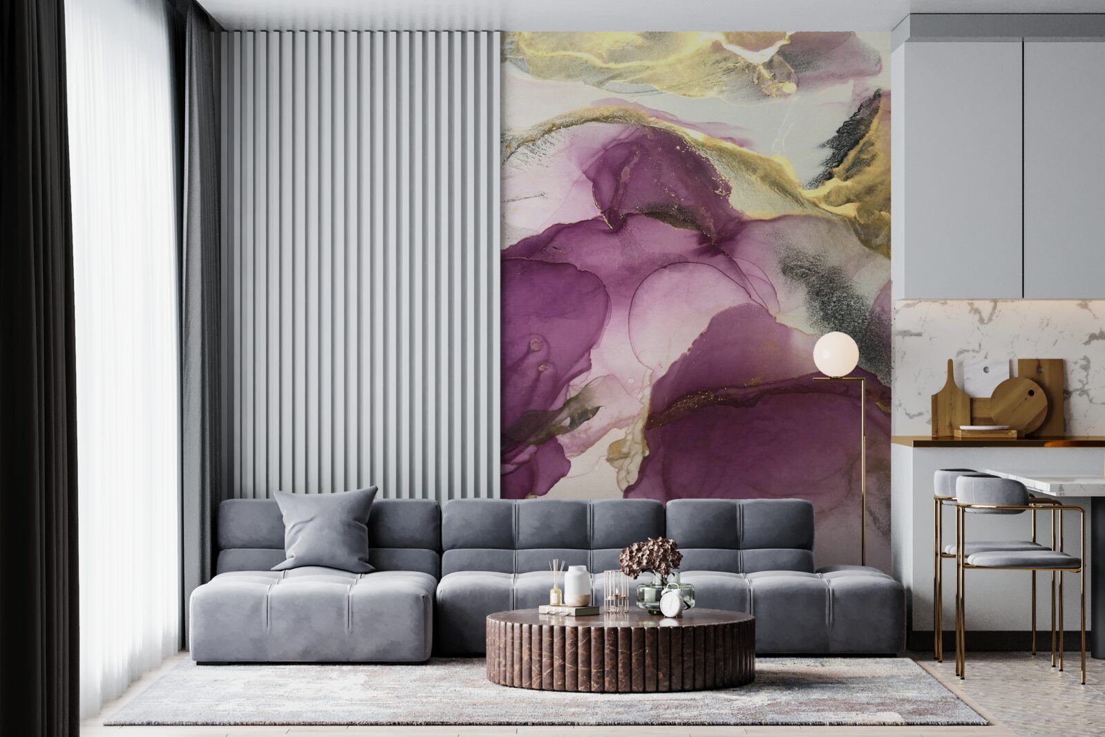 Papier peint abstrait en forme d'oiseaux sur des feuilles violettes