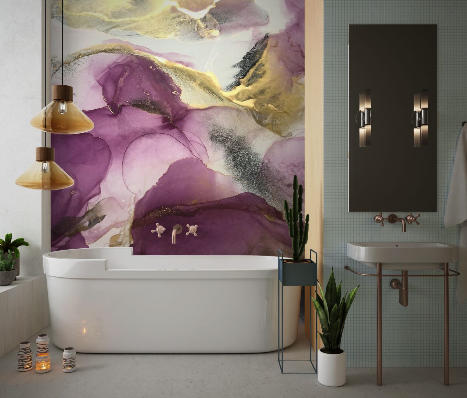 Papier peint abstrait en forme d'oiseaux sur des feuilles violettes