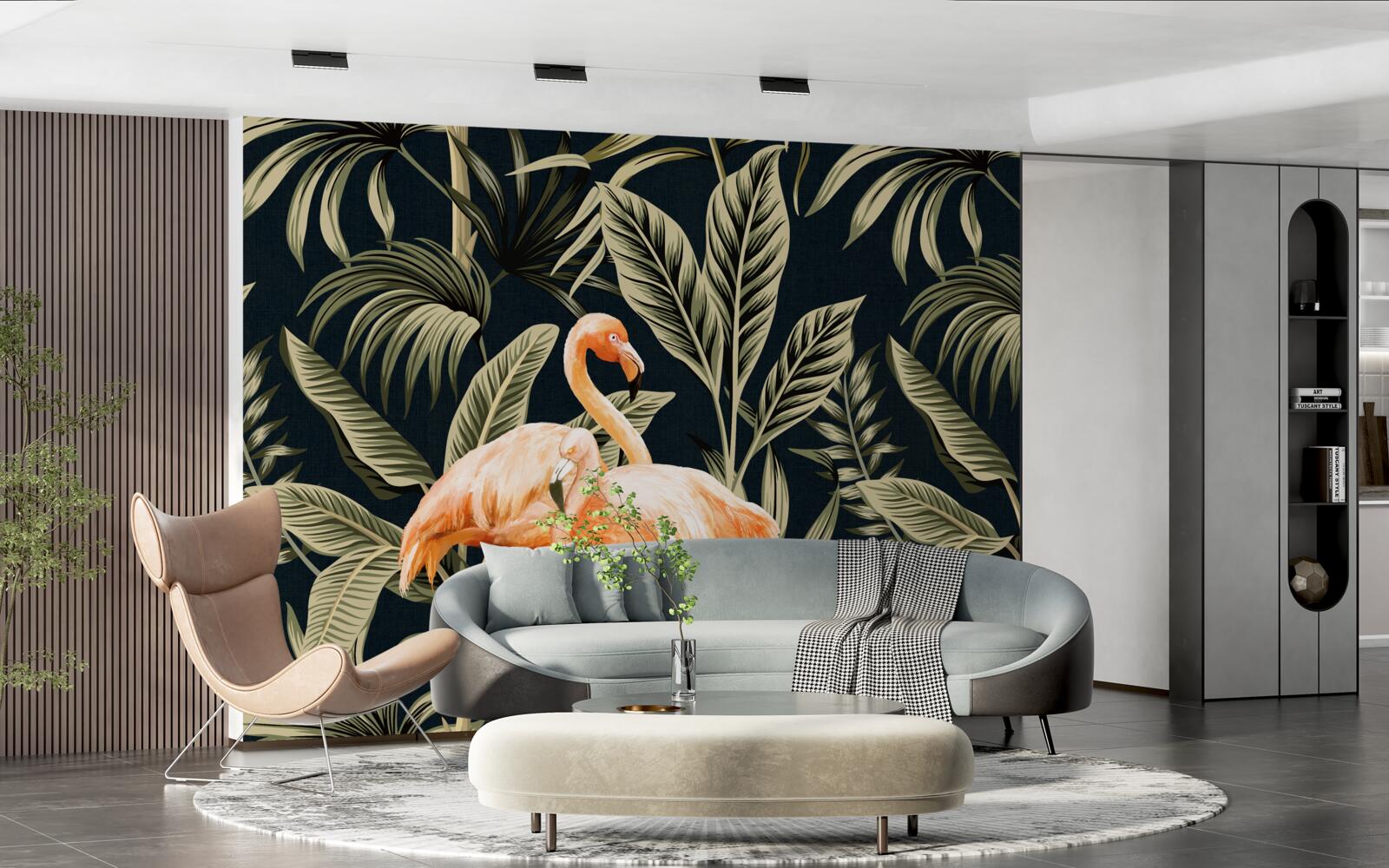 Papier peint Les flamants roses se promènent dans la forêt