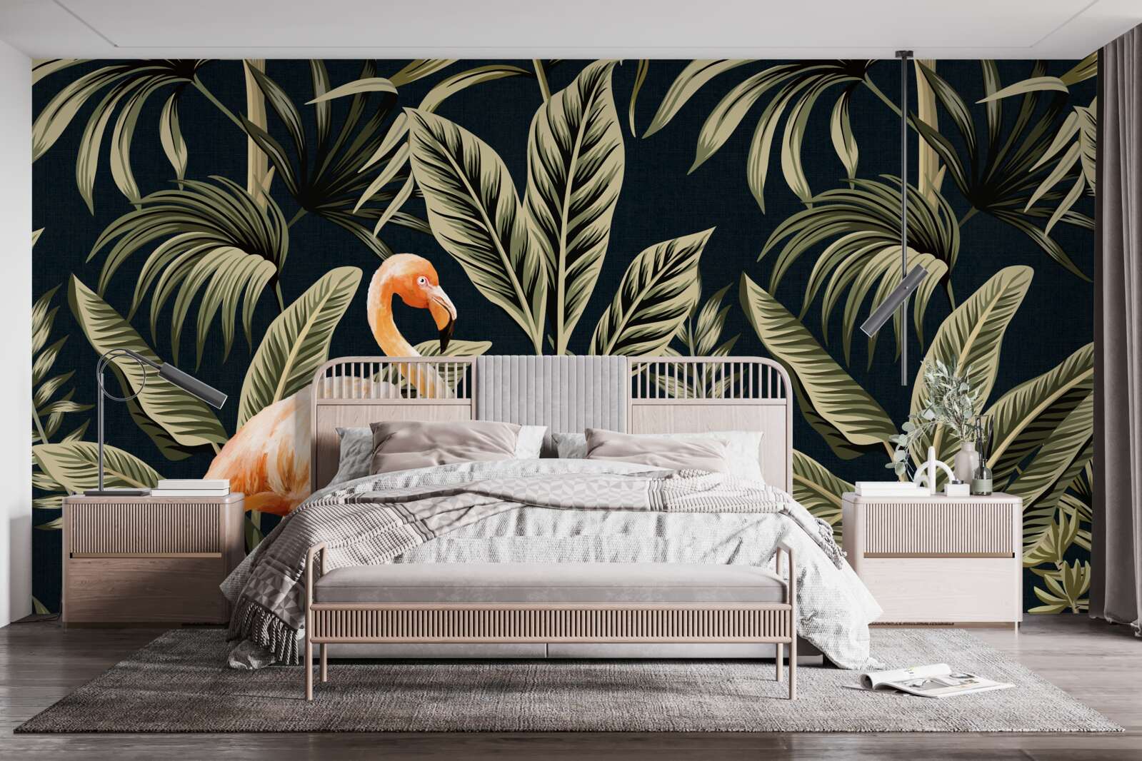 Papier peint Les flamants roses se promènent dans la forêt