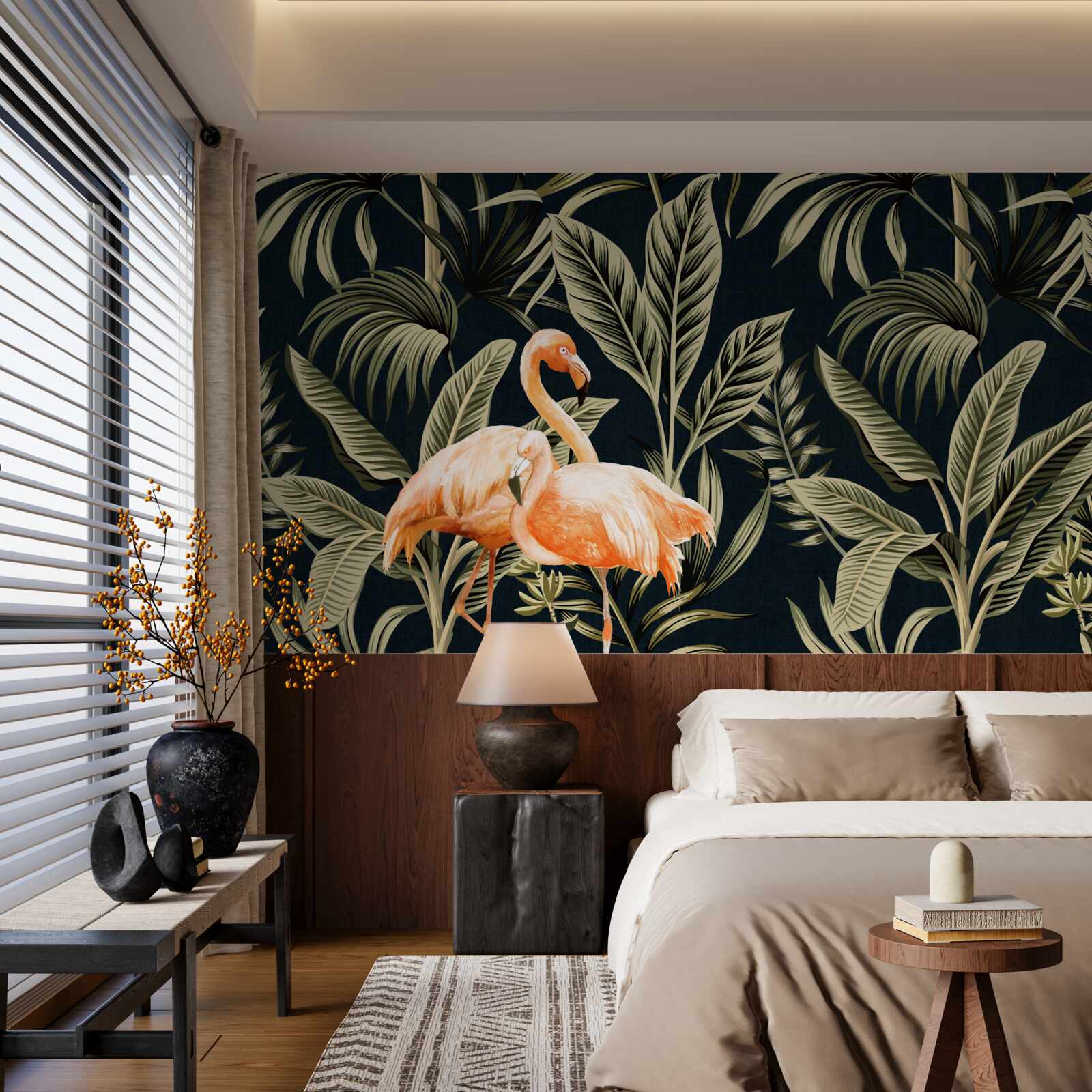 Papier peint Les flamants roses se promènent dans la forêt