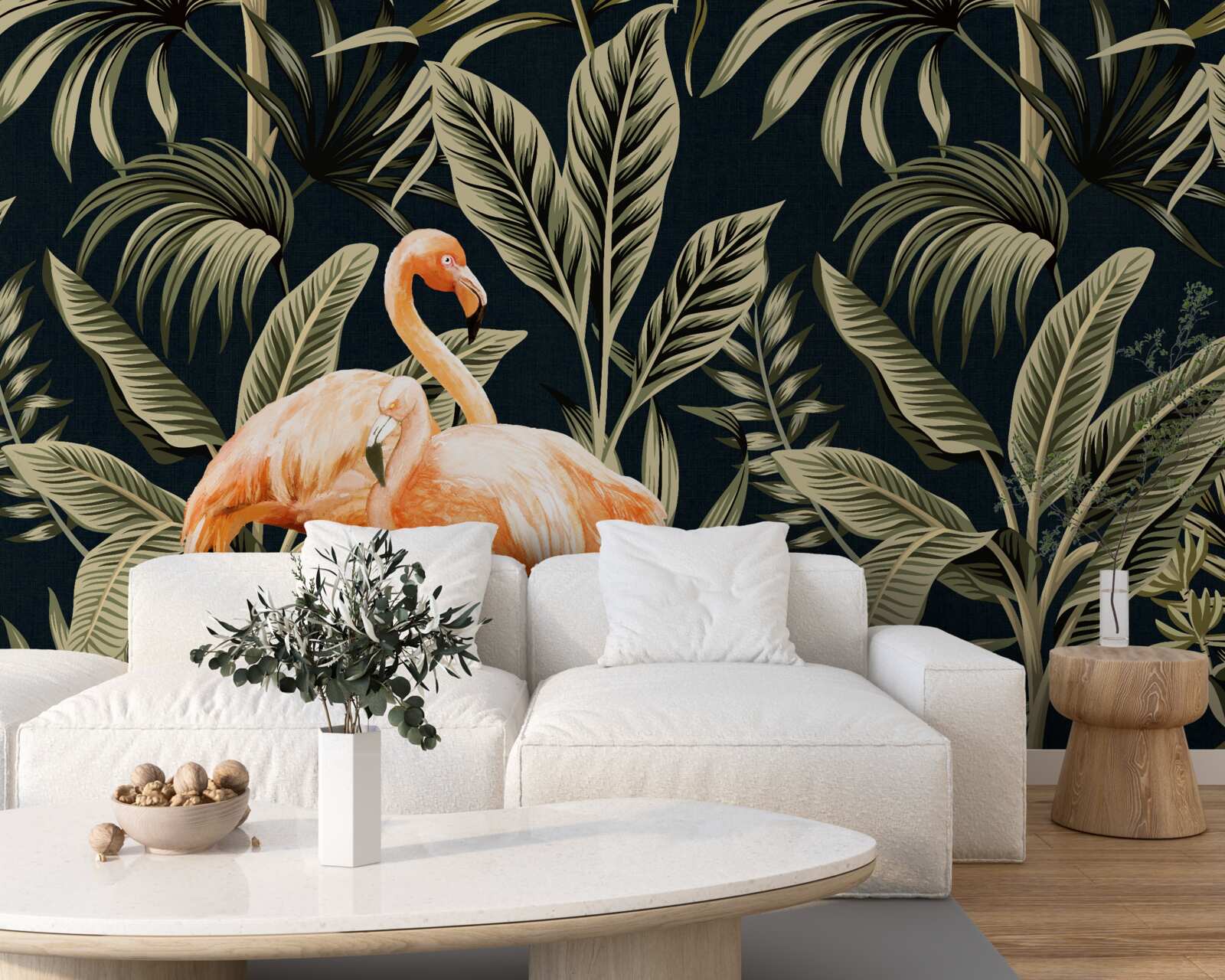 Papier peint Les flamants roses se promènent dans la forêt