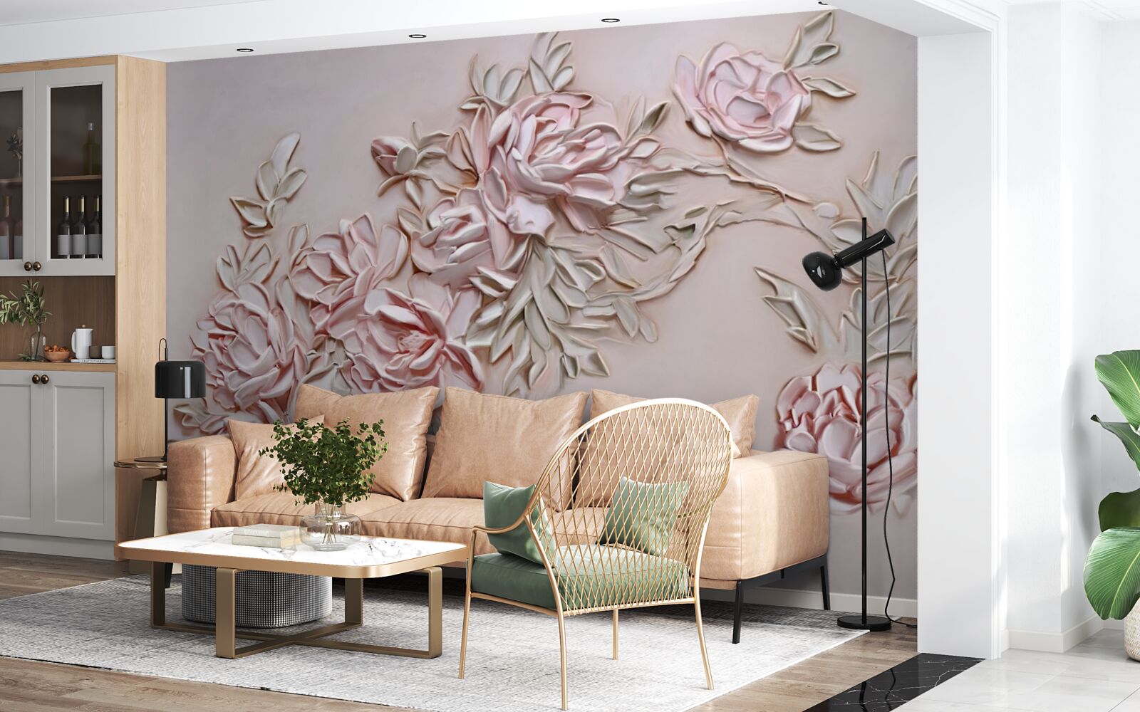 Papier peint feuilles vertes sur une branche de fleurs roses