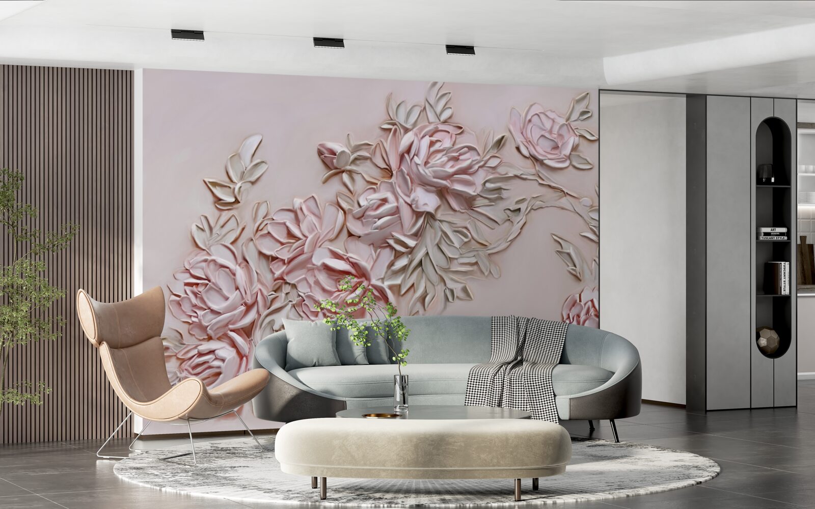 Papier peint feuilles vertes sur une branche de fleurs roses