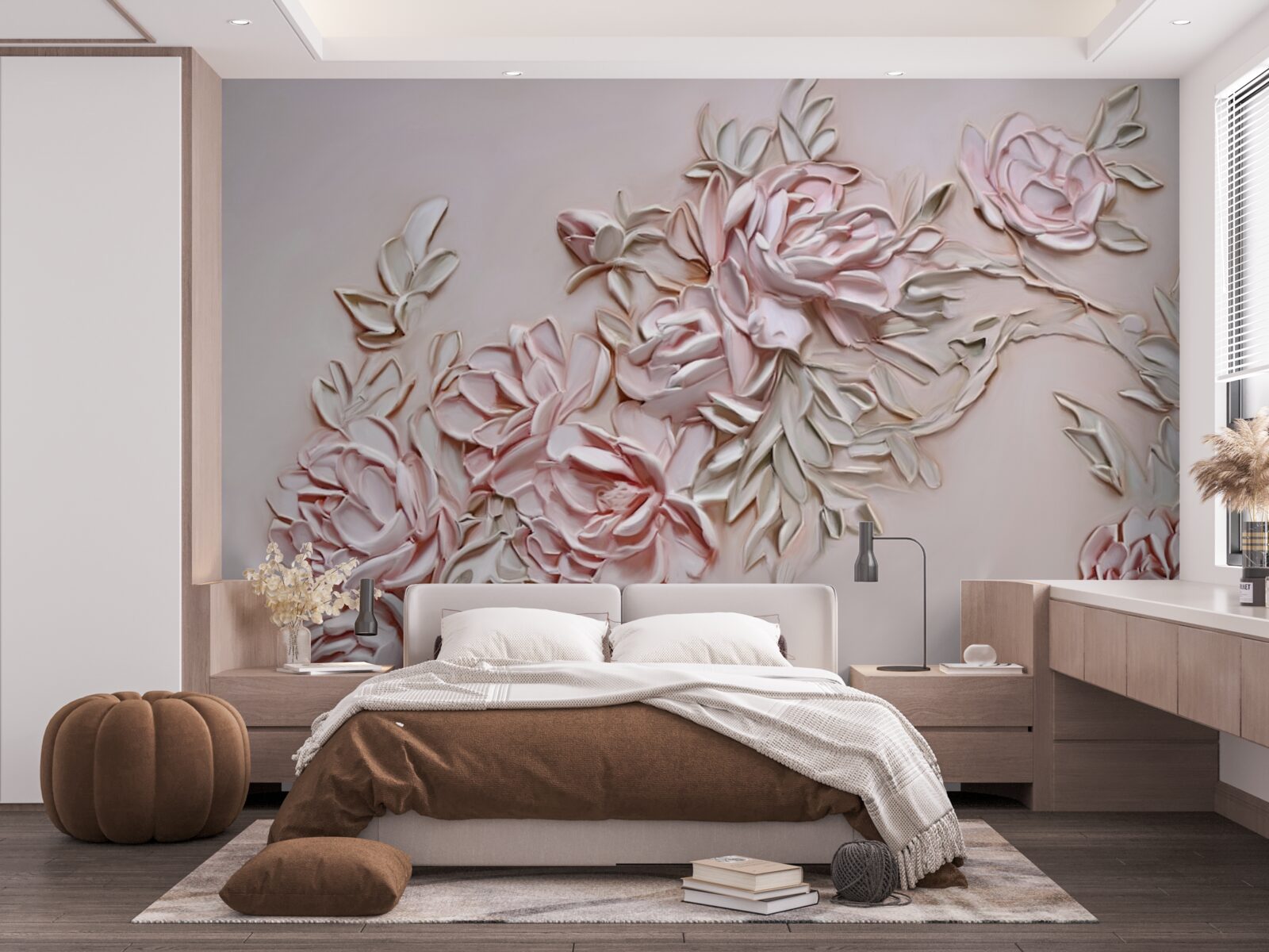 Papier peint feuilles vertes sur une branche de fleurs roses