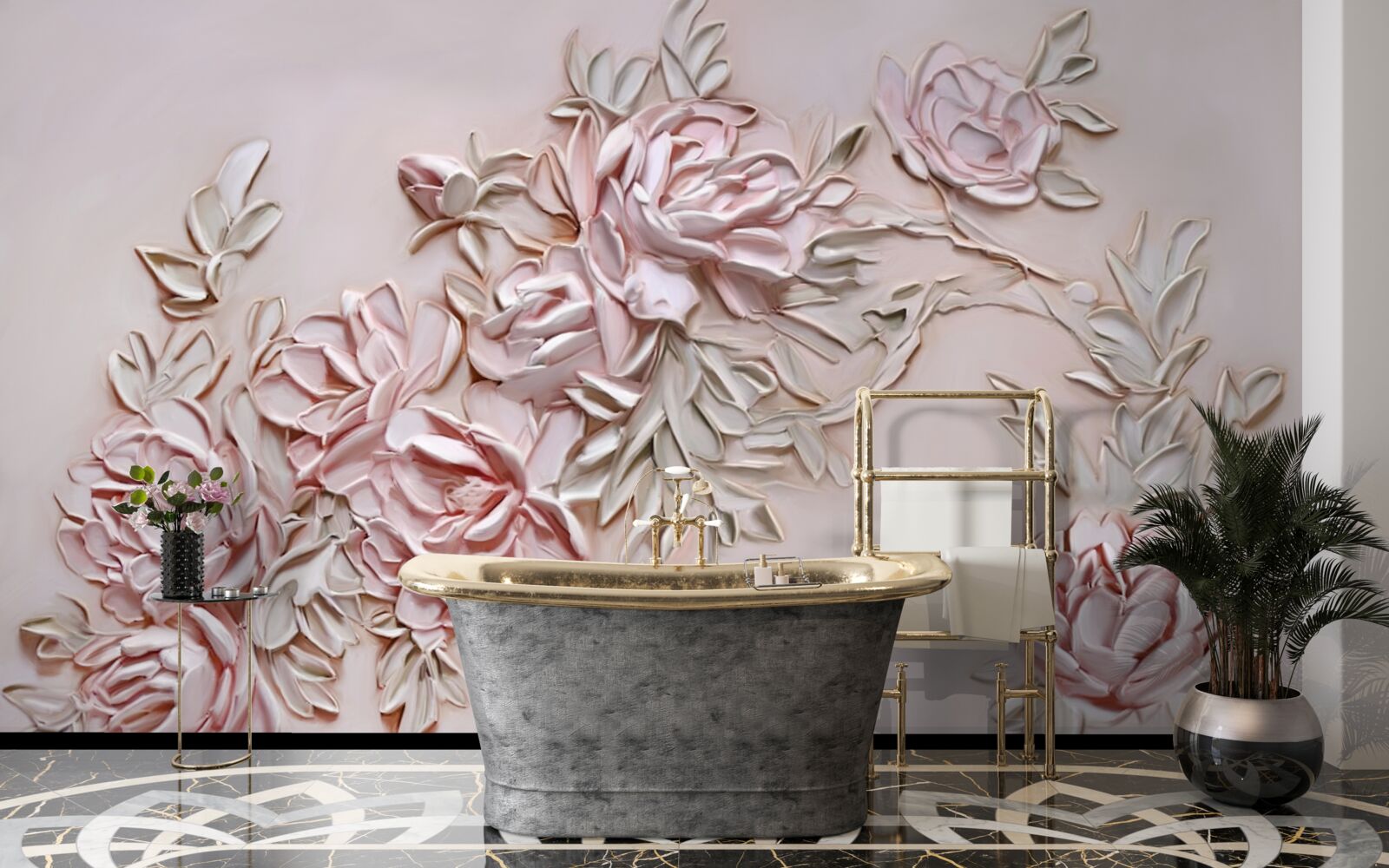 Papier peint feuilles vertes sur une branche de fleurs roses