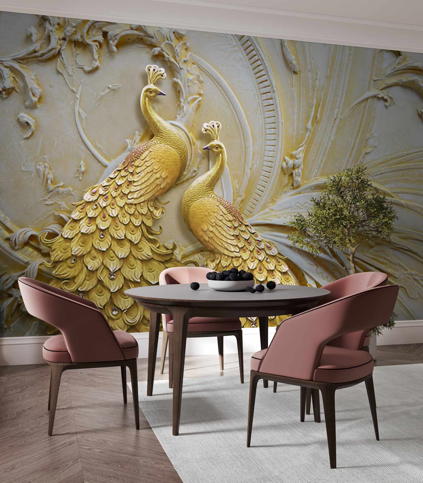 Papier peint paire volumétrique de paons dorés