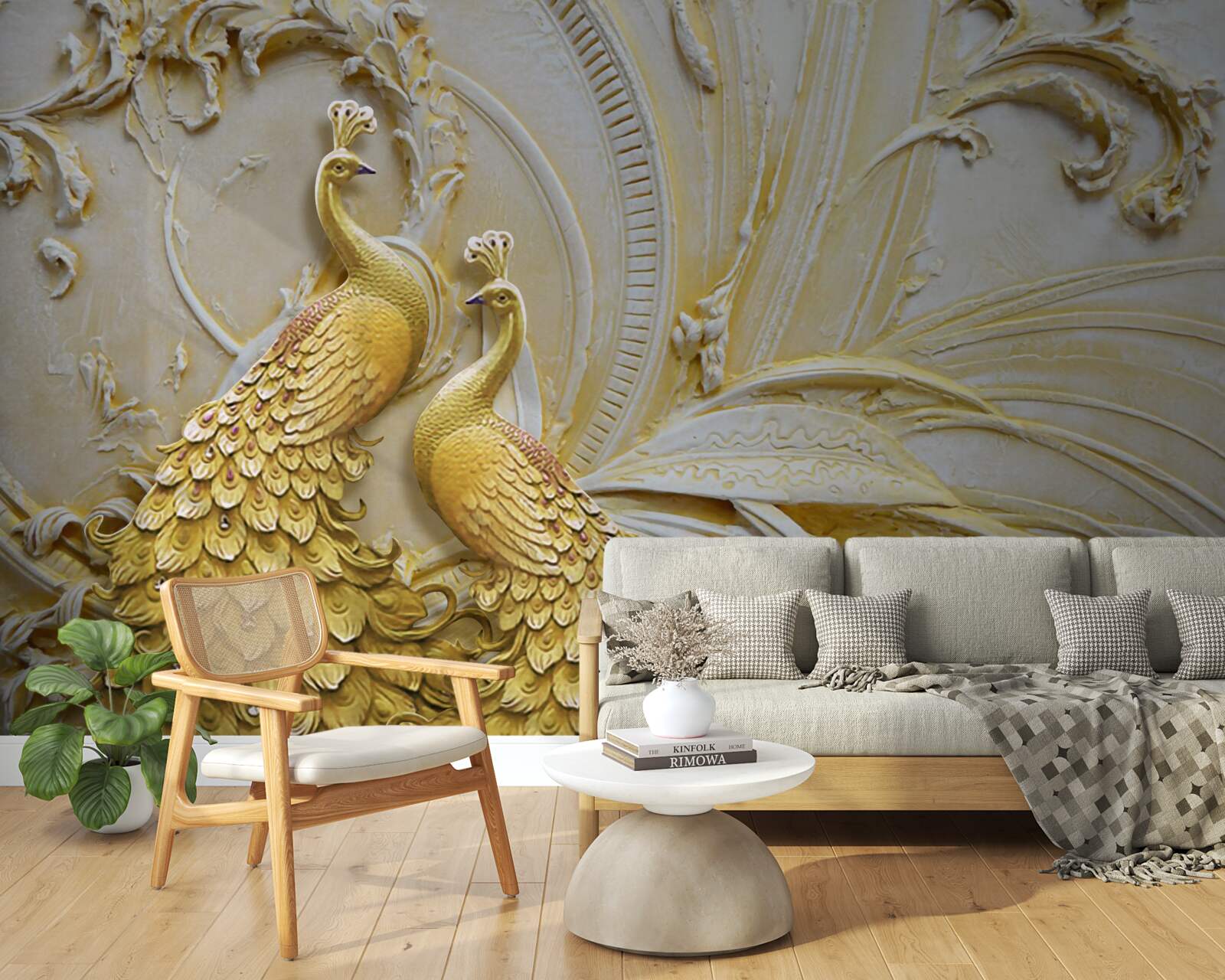 Papier peint paire volumétrique de paons dorés