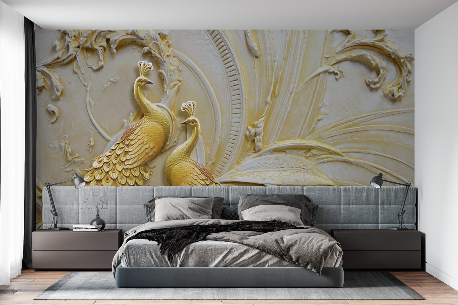 Papier peint paire volumétrique de paons dorés