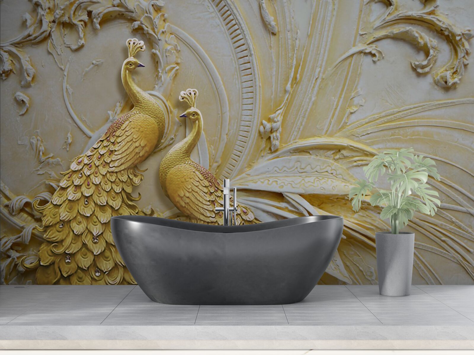 Papier peint paire volumétrique de paons dorés