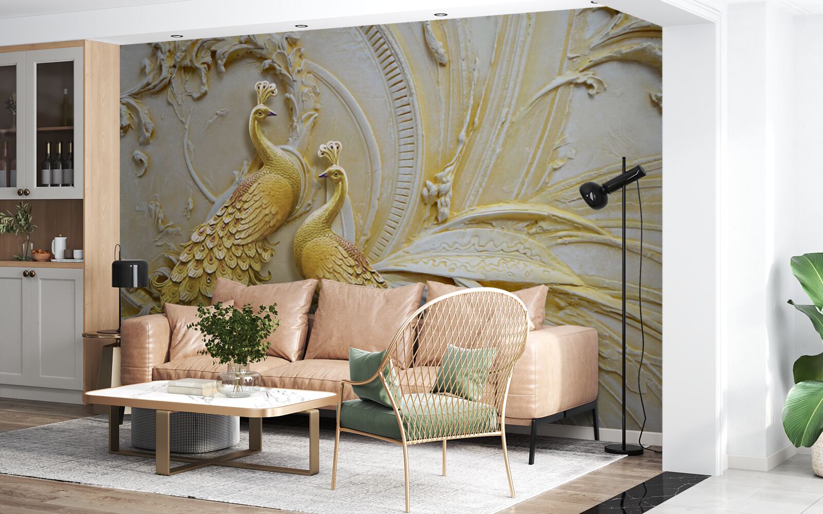 Papier peint paire volumétrique de paons dorés