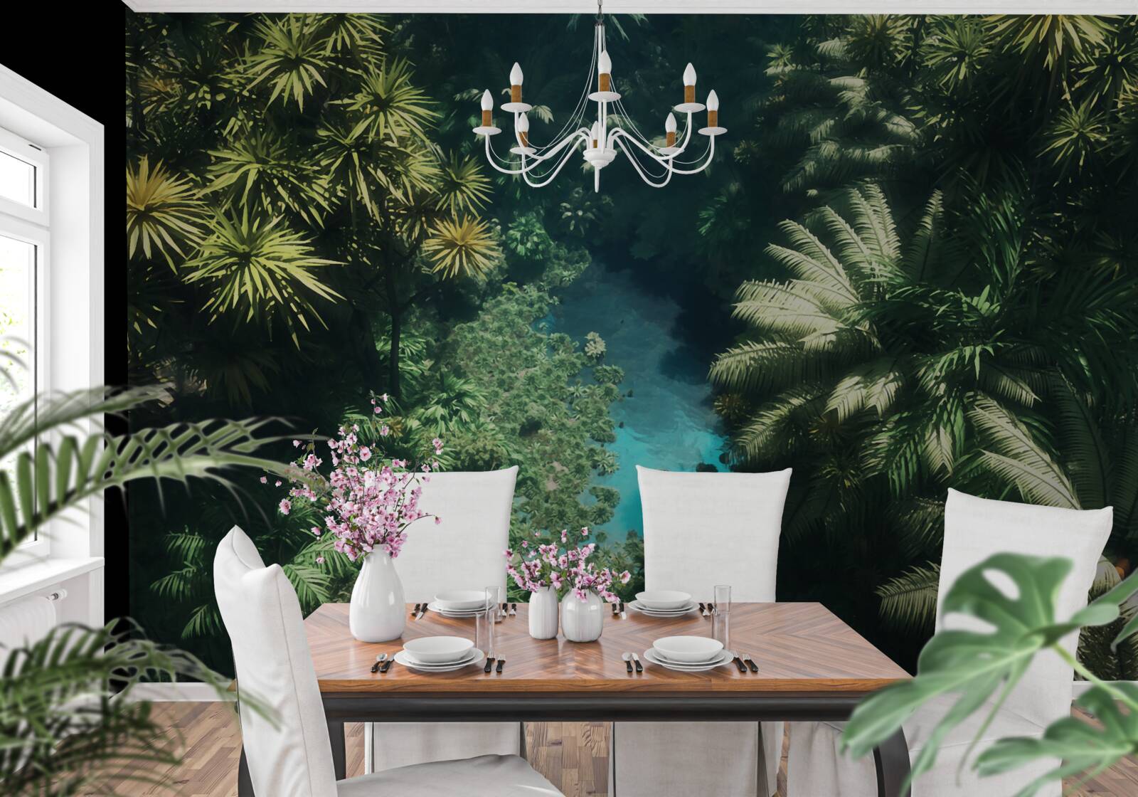 Papier peint ciel nocturne avec plantes tropicales