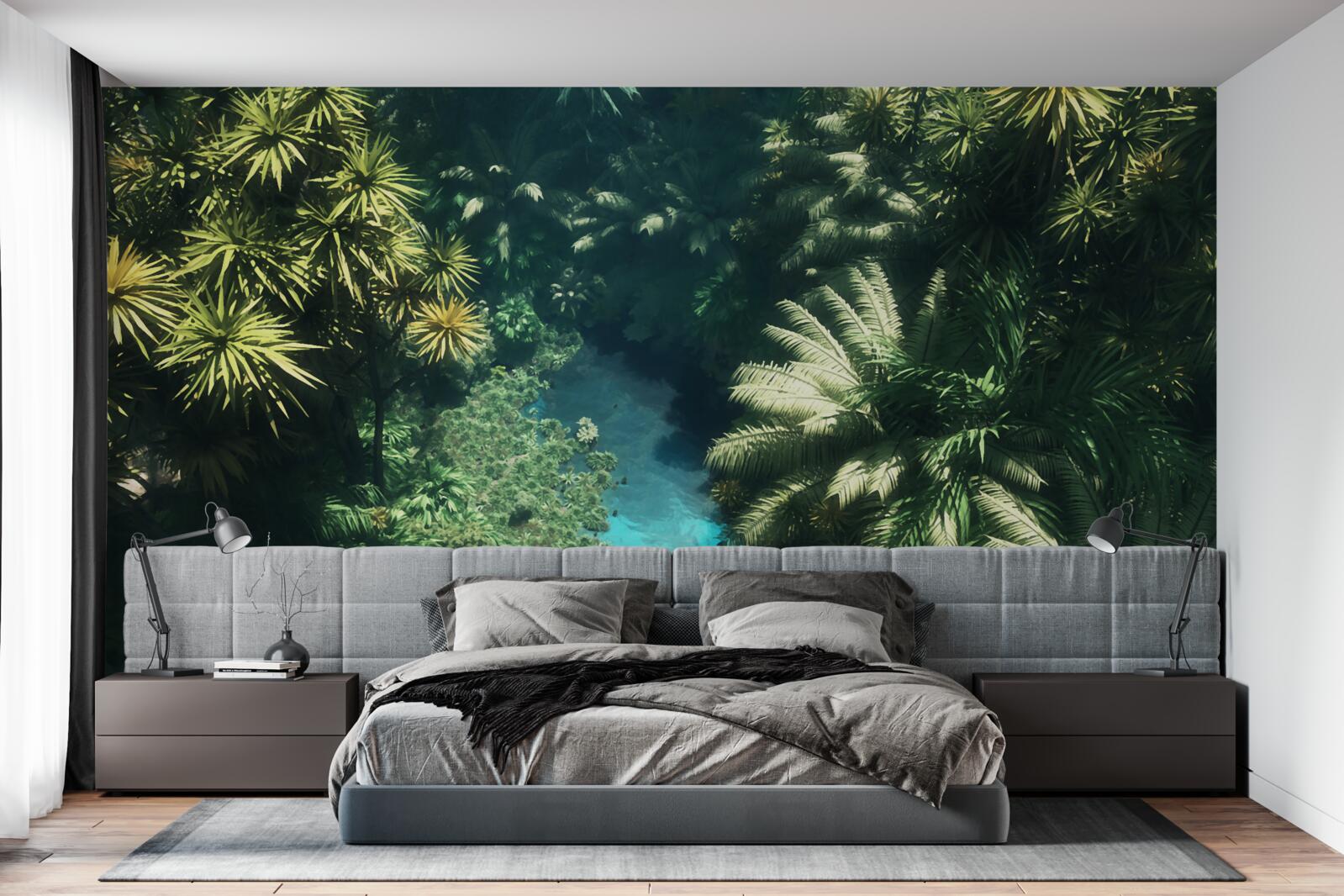 Papier peint ciel nocturne avec plantes tropicales