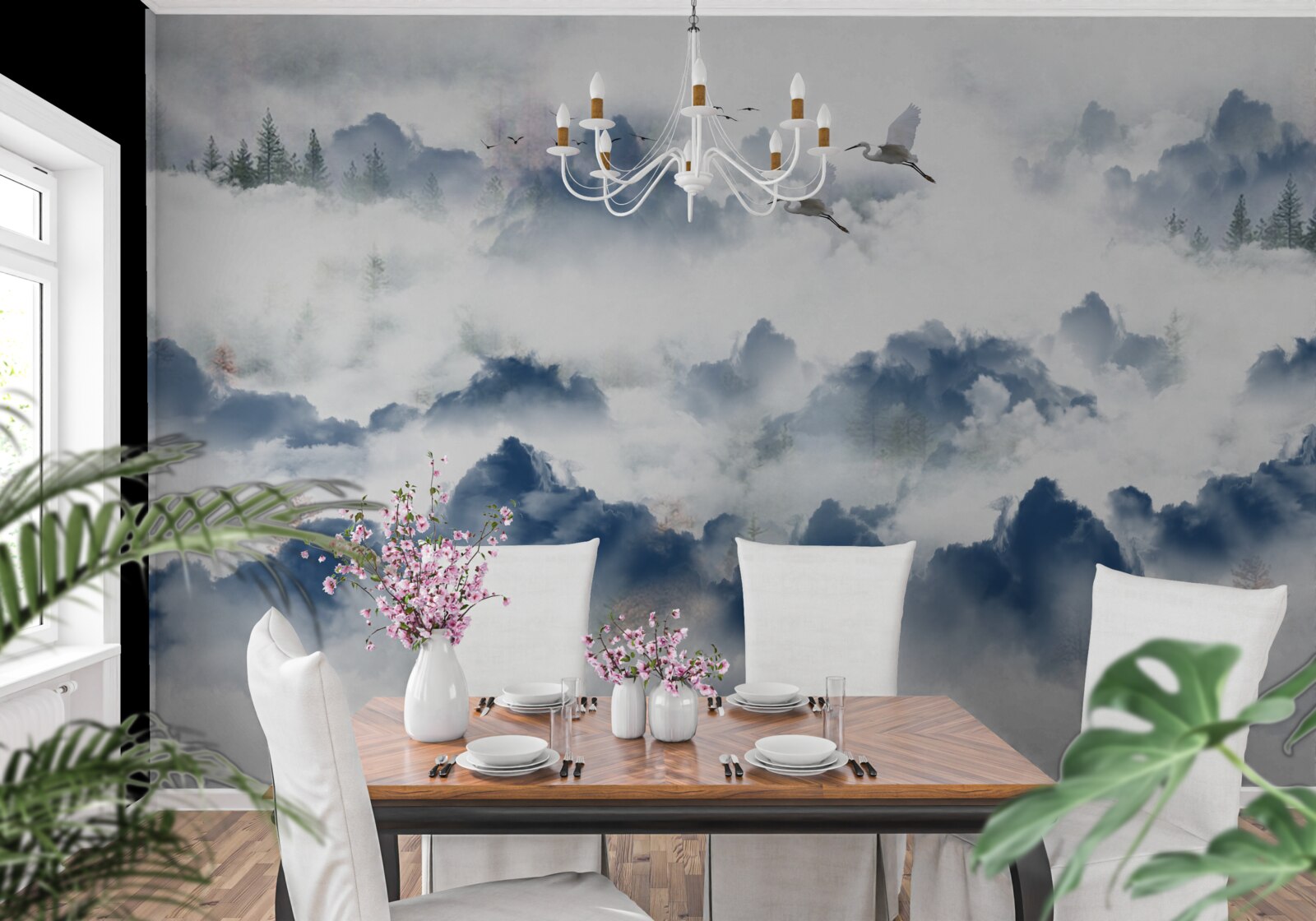 Papier peint des créatures à plumes survolent les sommets brumeux des chaînes de montagnes