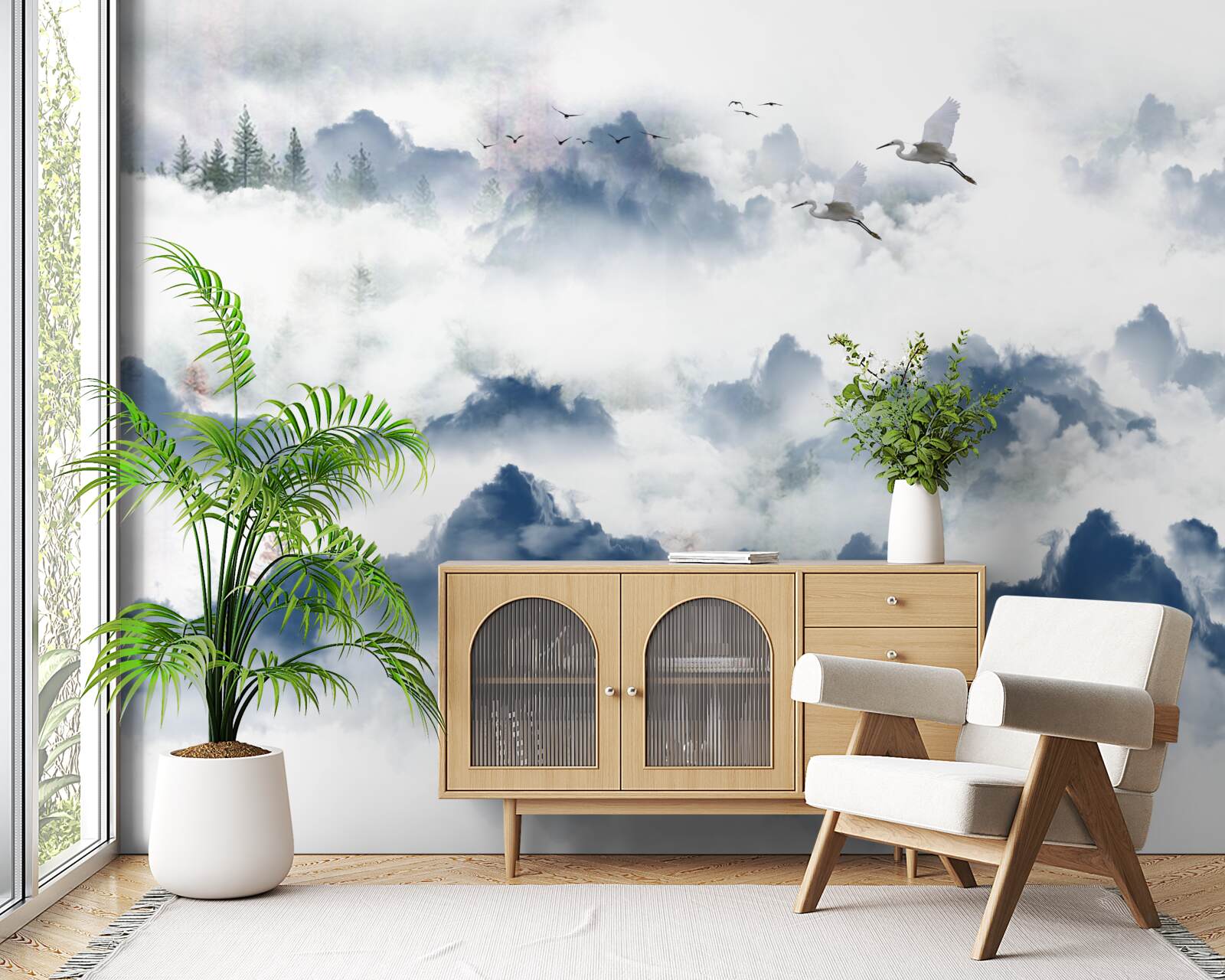 Papier peint des créatures à plumes survolent les sommets brumeux des chaînes de montagnes