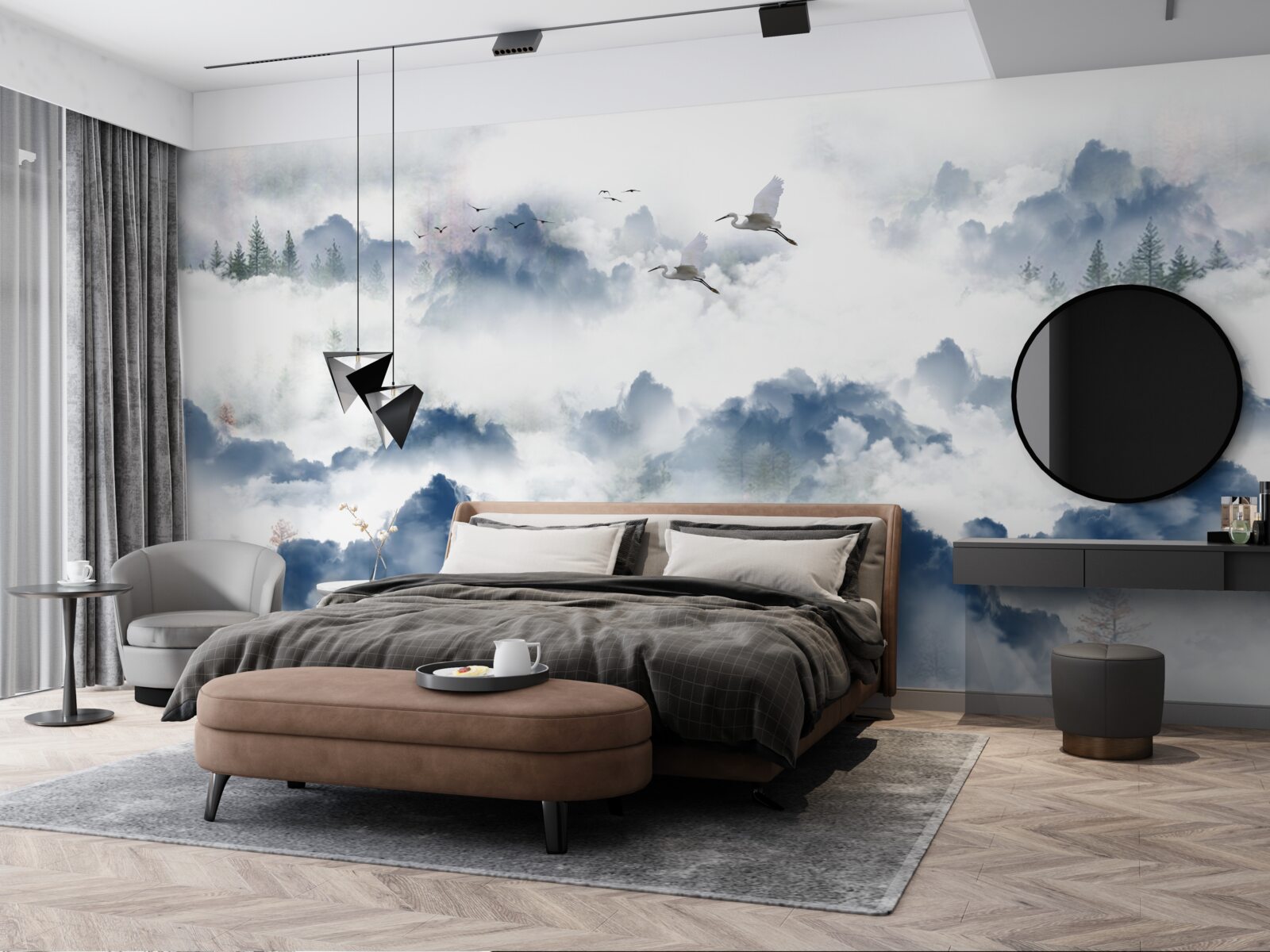 Papier peint des créatures à plumes survolent les sommets brumeux des chaînes de montagnes