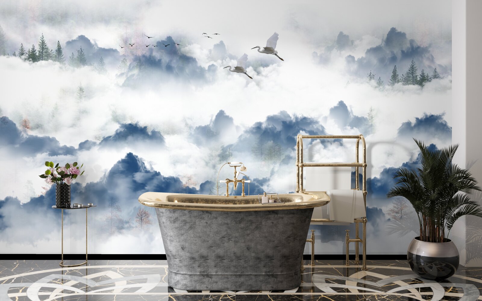 Papier peint des créatures à plumes survolent les sommets brumeux des chaînes de montagnes