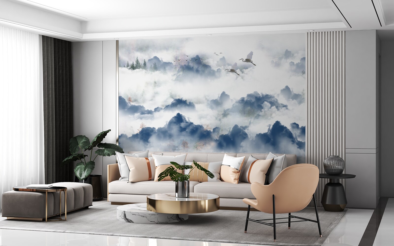 Papier peint des créatures à plumes survolent les sommets brumeux des chaînes de montagnes