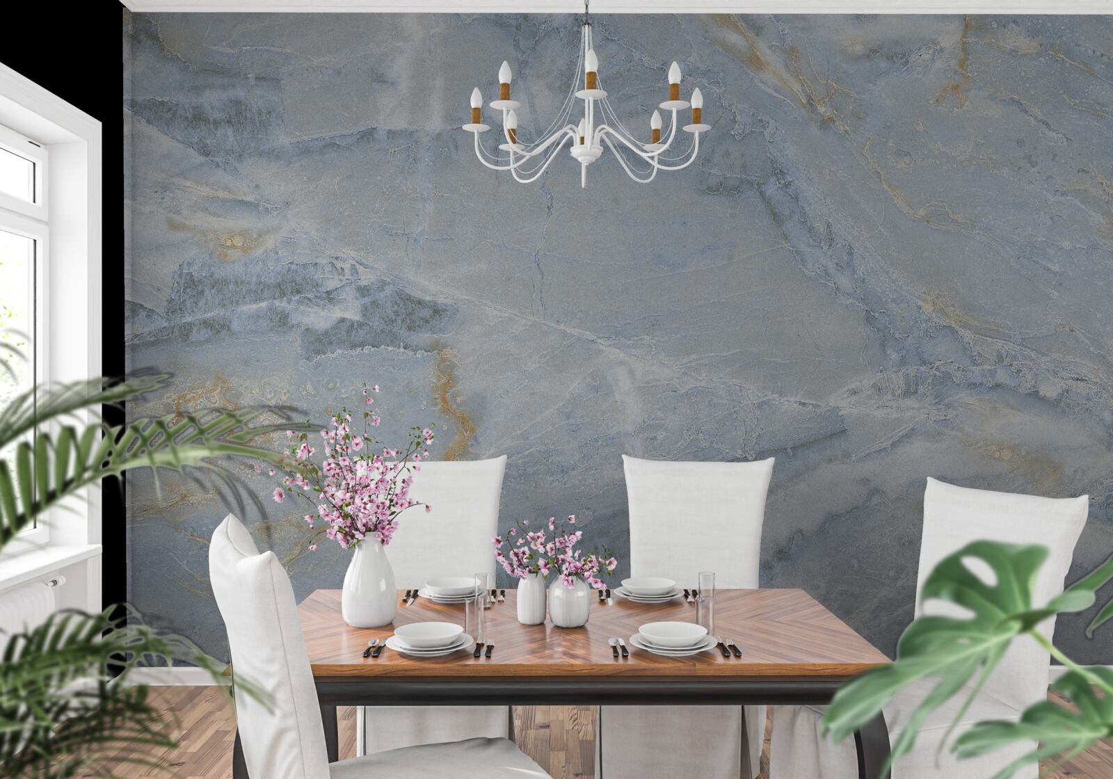 Papier peint vagues gris-noir aux contours dorés