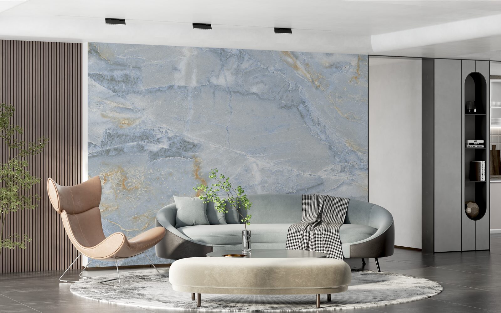 Papier peint vagues gris-noir aux contours dorés