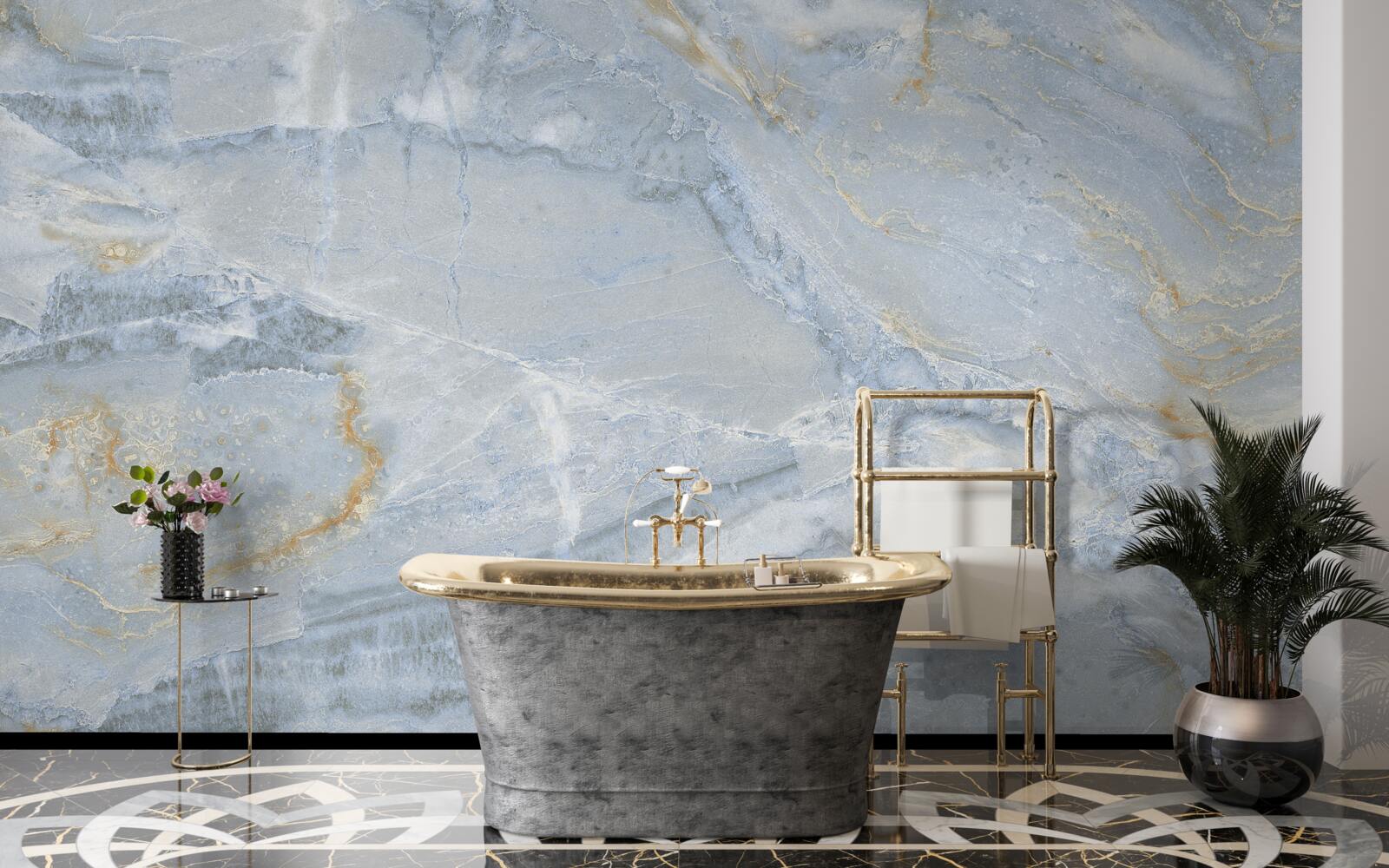 Papier peint vagues gris-noir aux contours dorés