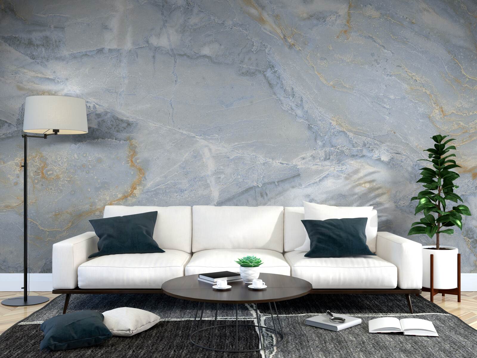 Papier peint vagues gris-noir aux contours dorés