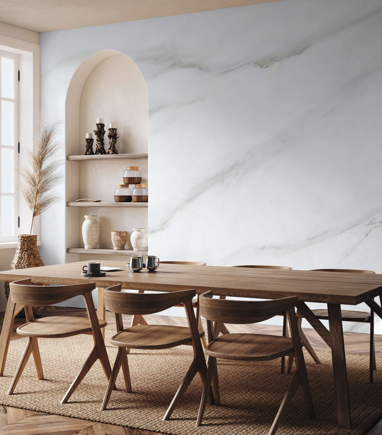 Papier peint Marbre blanc neige avec motifs de vagues grises