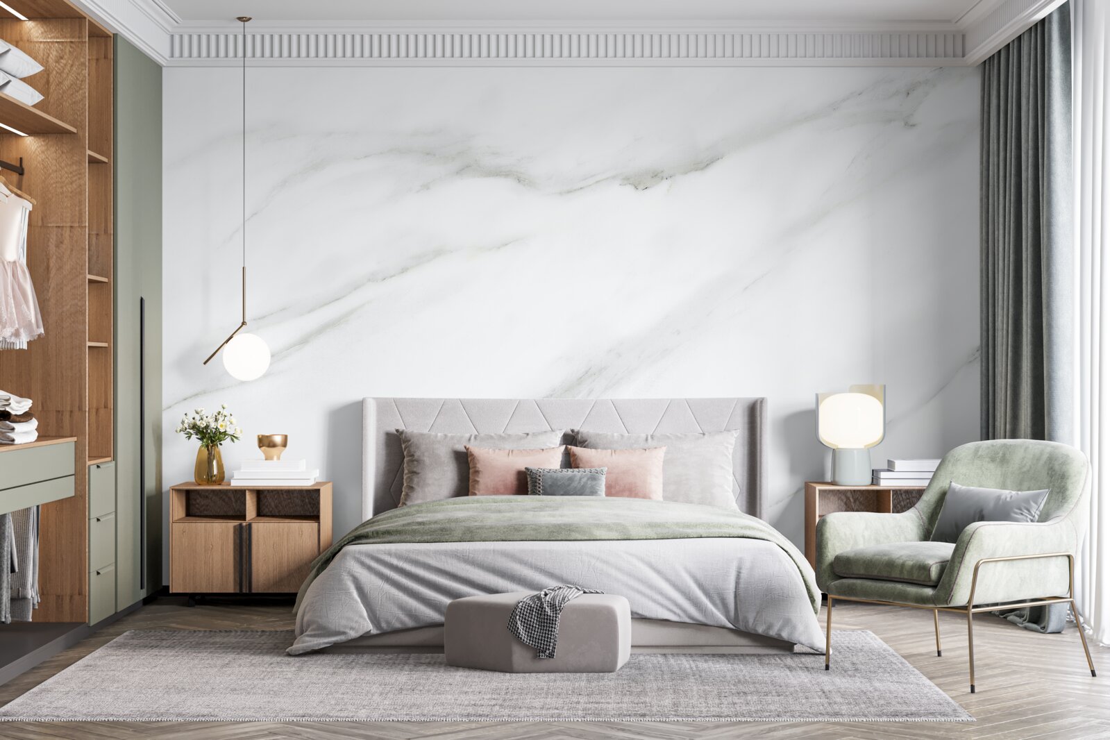 Papier peint Marbre blanc neige avec motifs de vagues grises