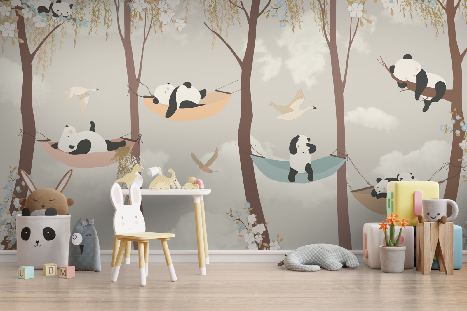 Papier peint pandas se reposant sur des hamacs