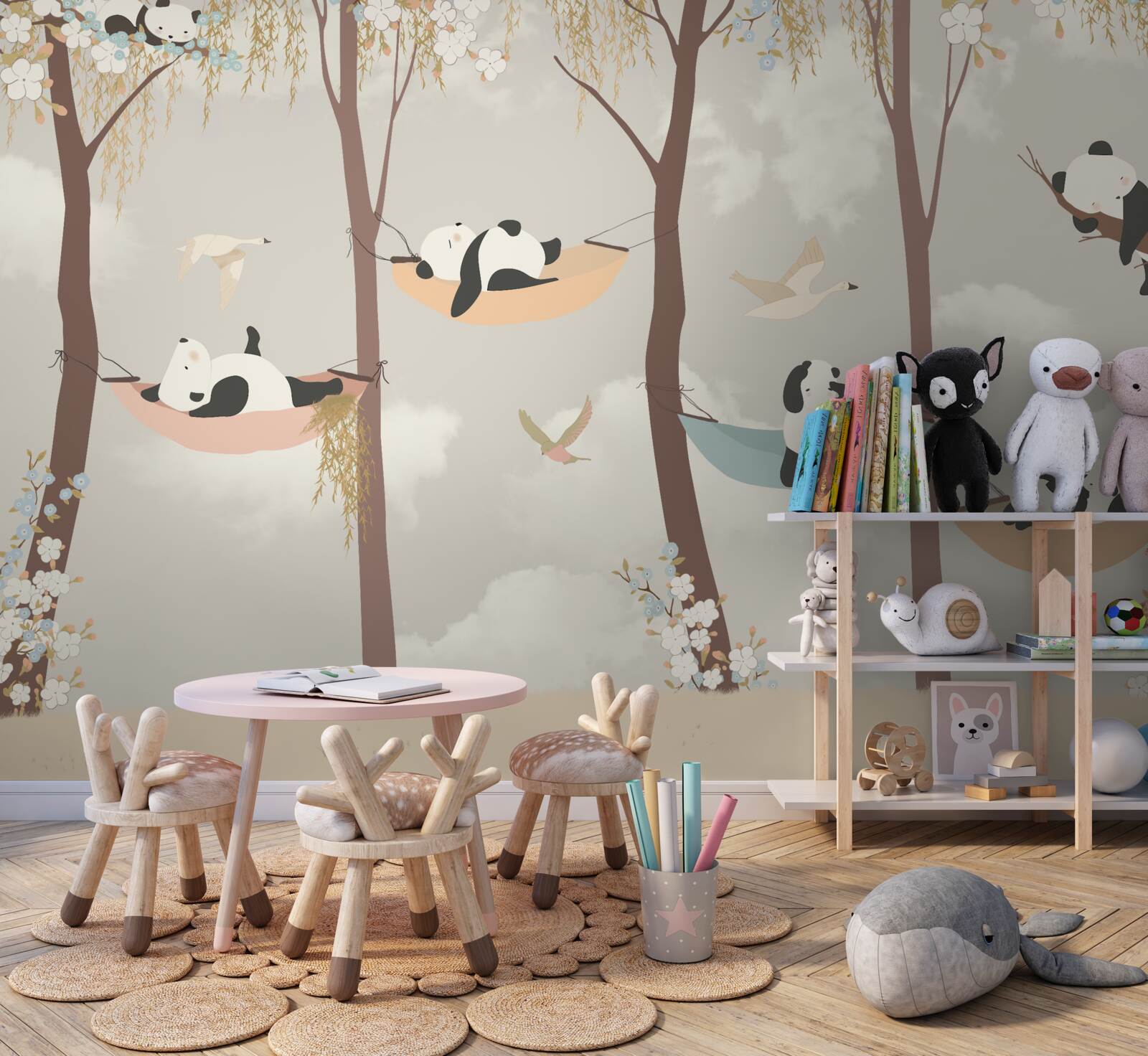 Papier peint pandas se reposant sur des hamacs