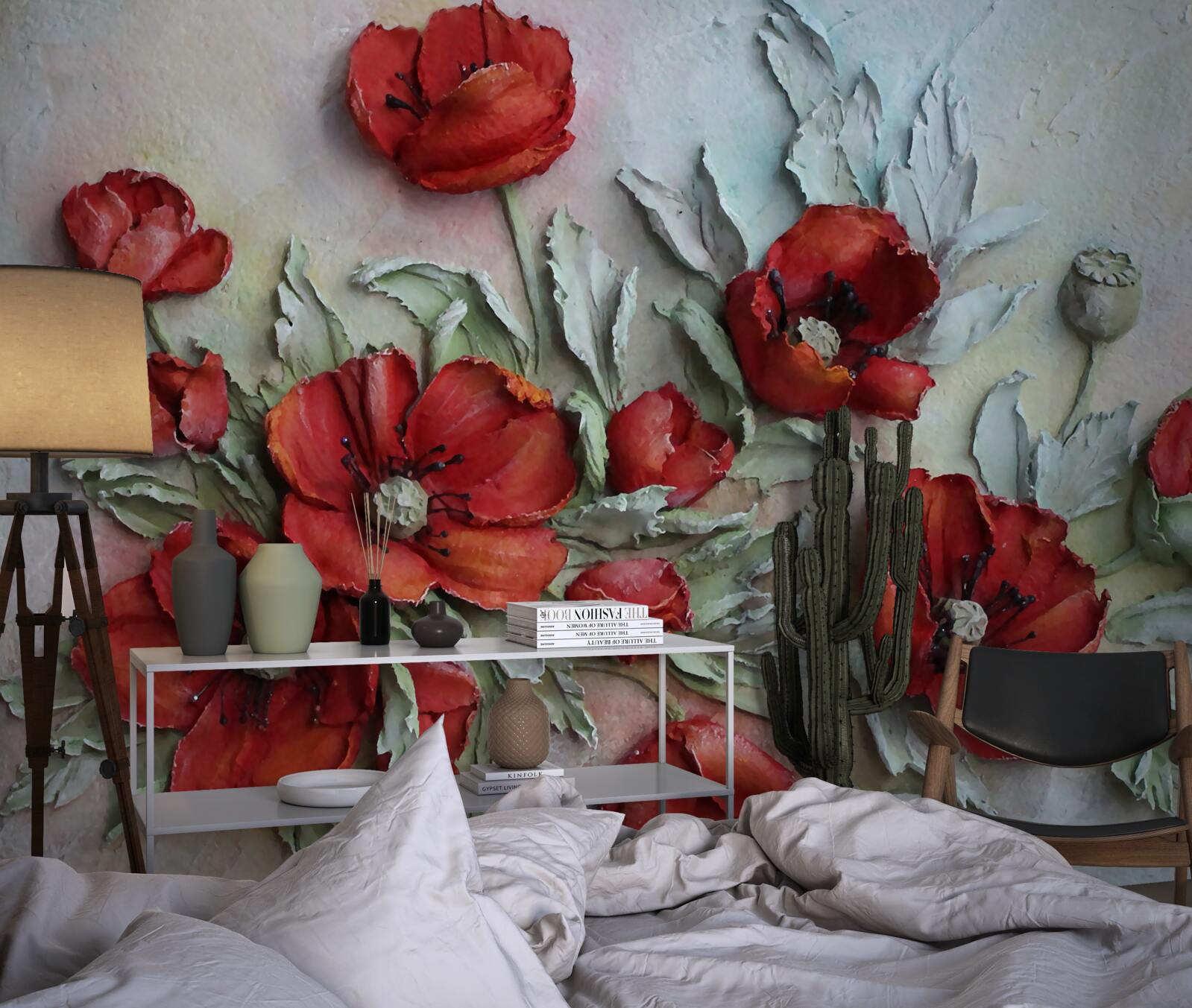 Papier peint coquelicots texturés rouge vif