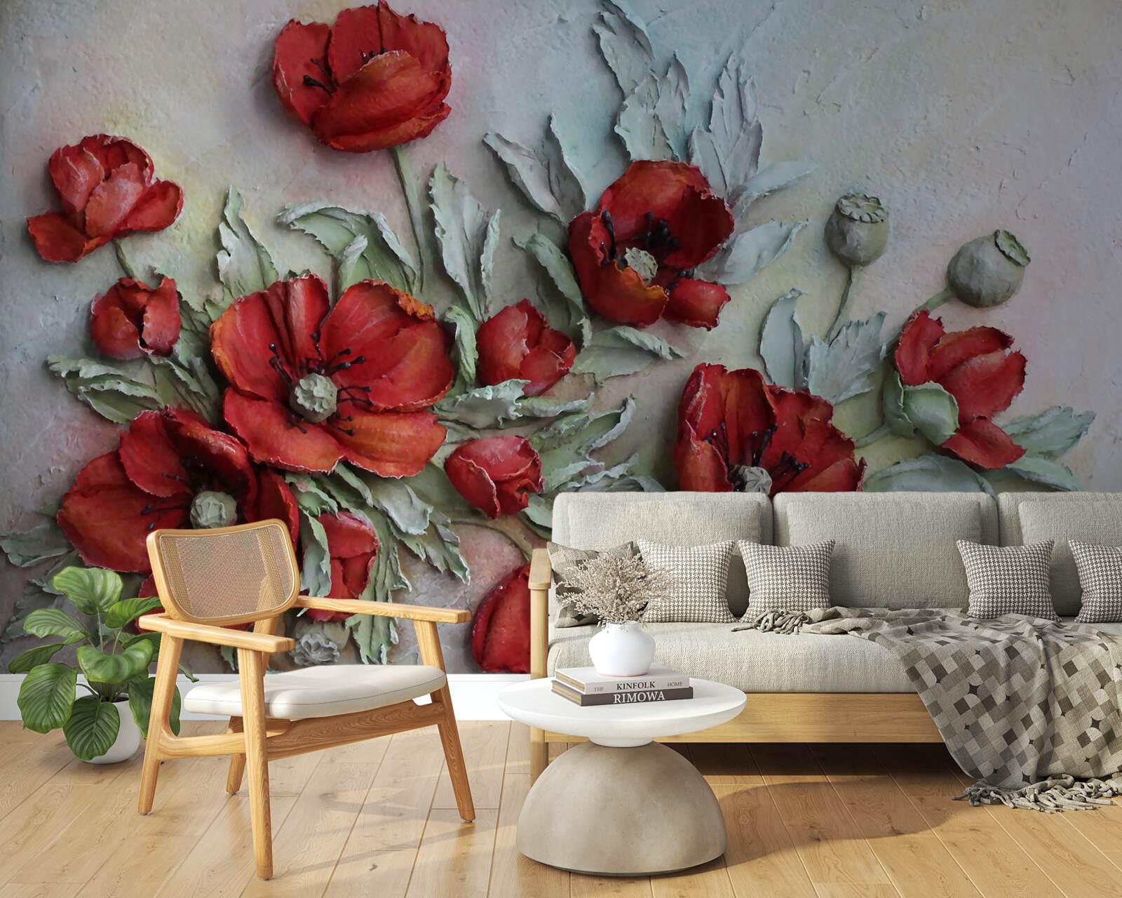 Papier peint coquelicots texturés rouge vif