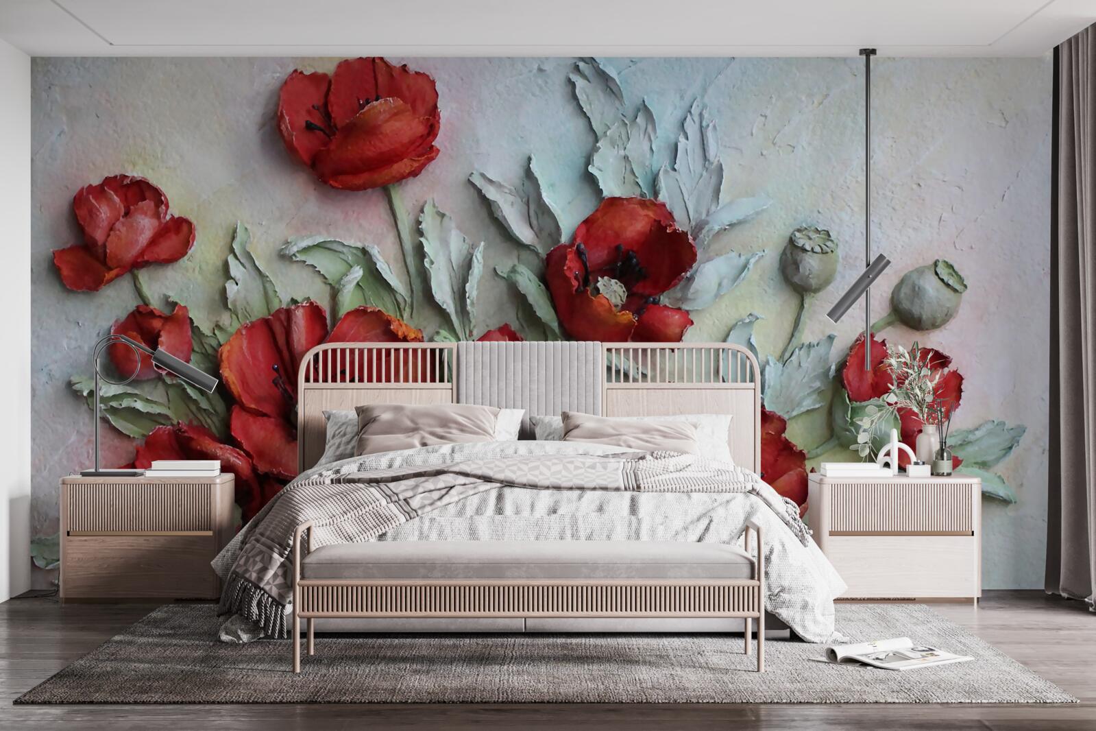 Papier peint coquelicots texturés rouge vif