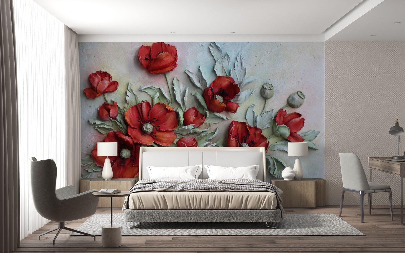 Papier peint coquelicots texturés rouge vif