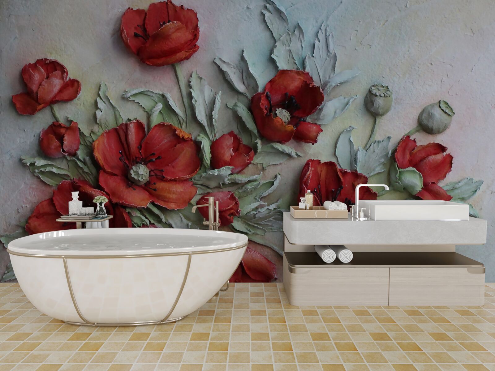 Papier peint coquelicots texturés rouge vif