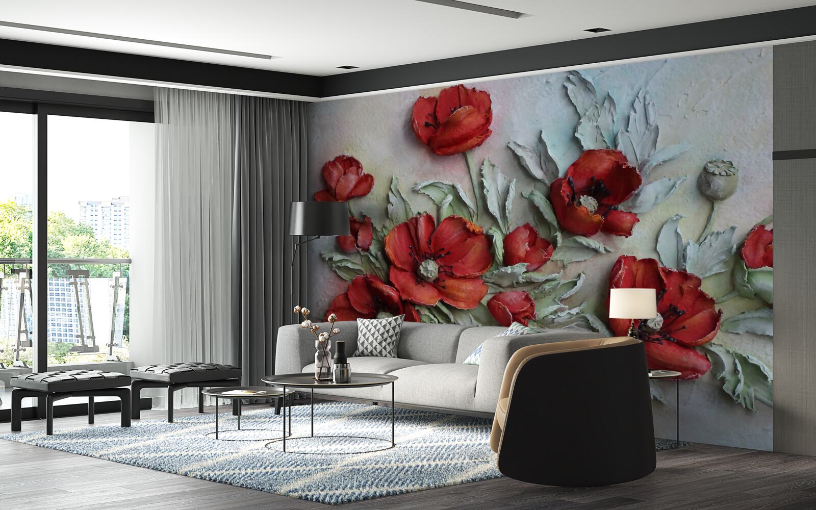 Papier peint coquelicots texturés rouge vif