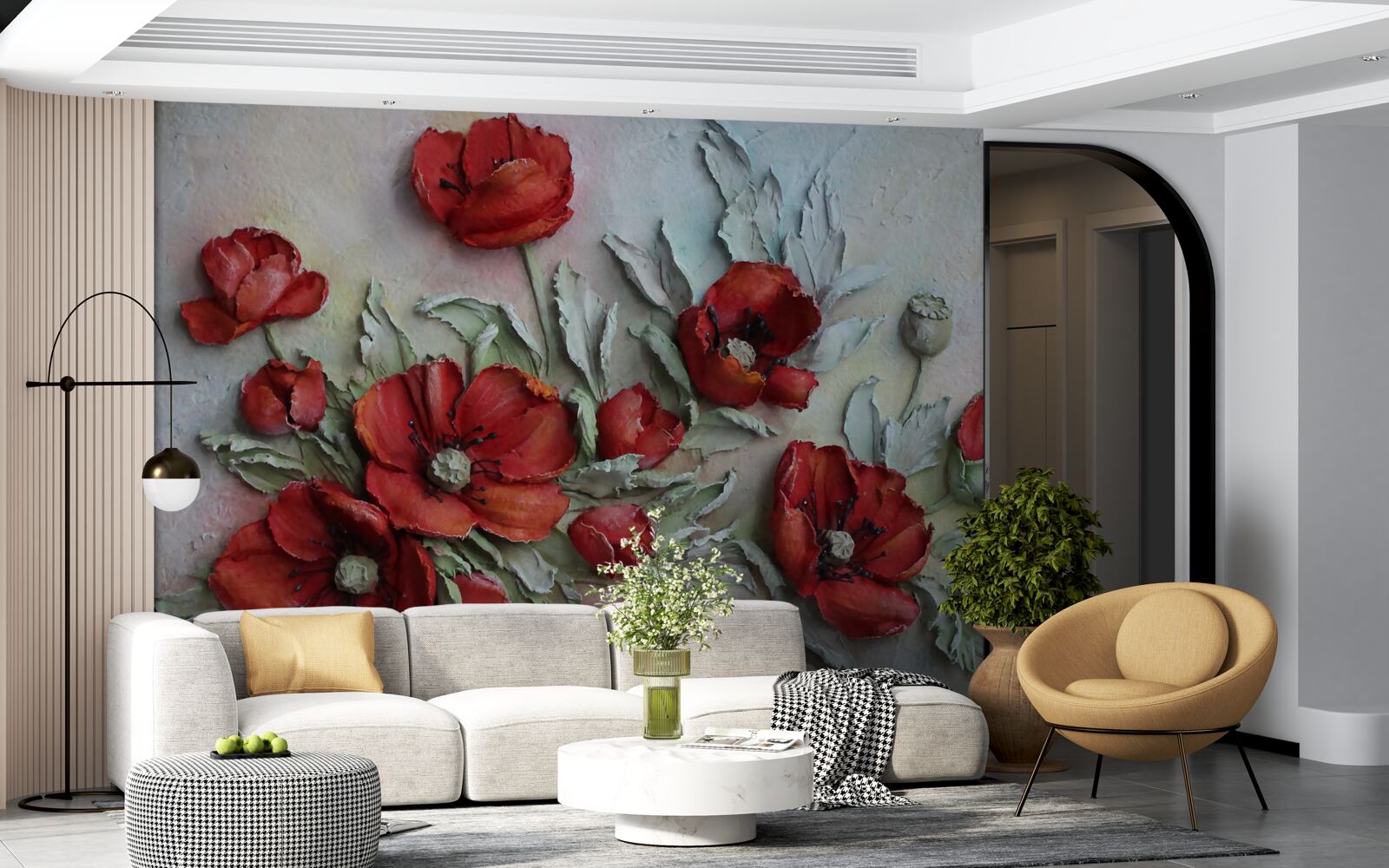 Papier peint coquelicots texturés rouge vif