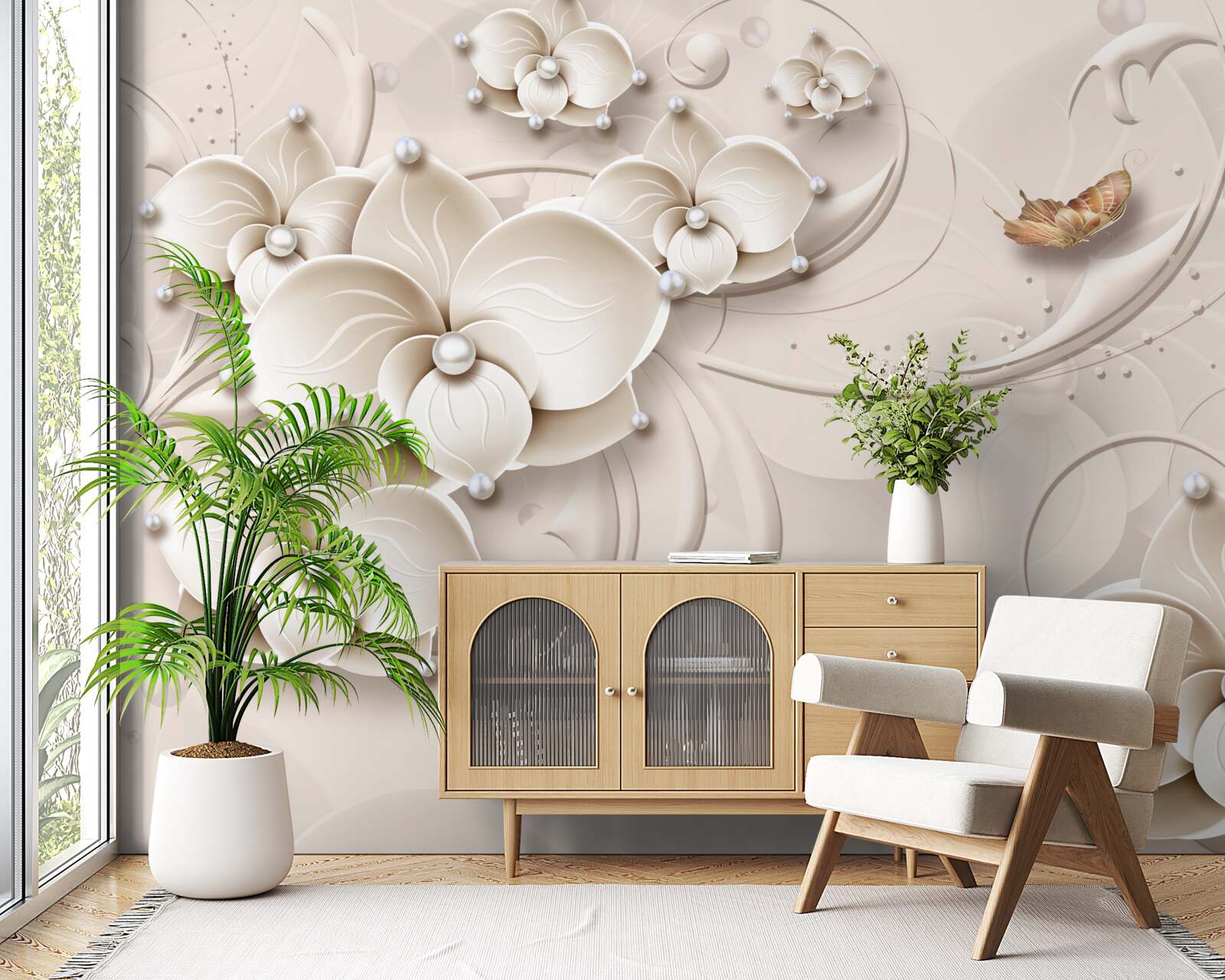 Papier peint papillons et branches d'une orchidée blanche comme neige