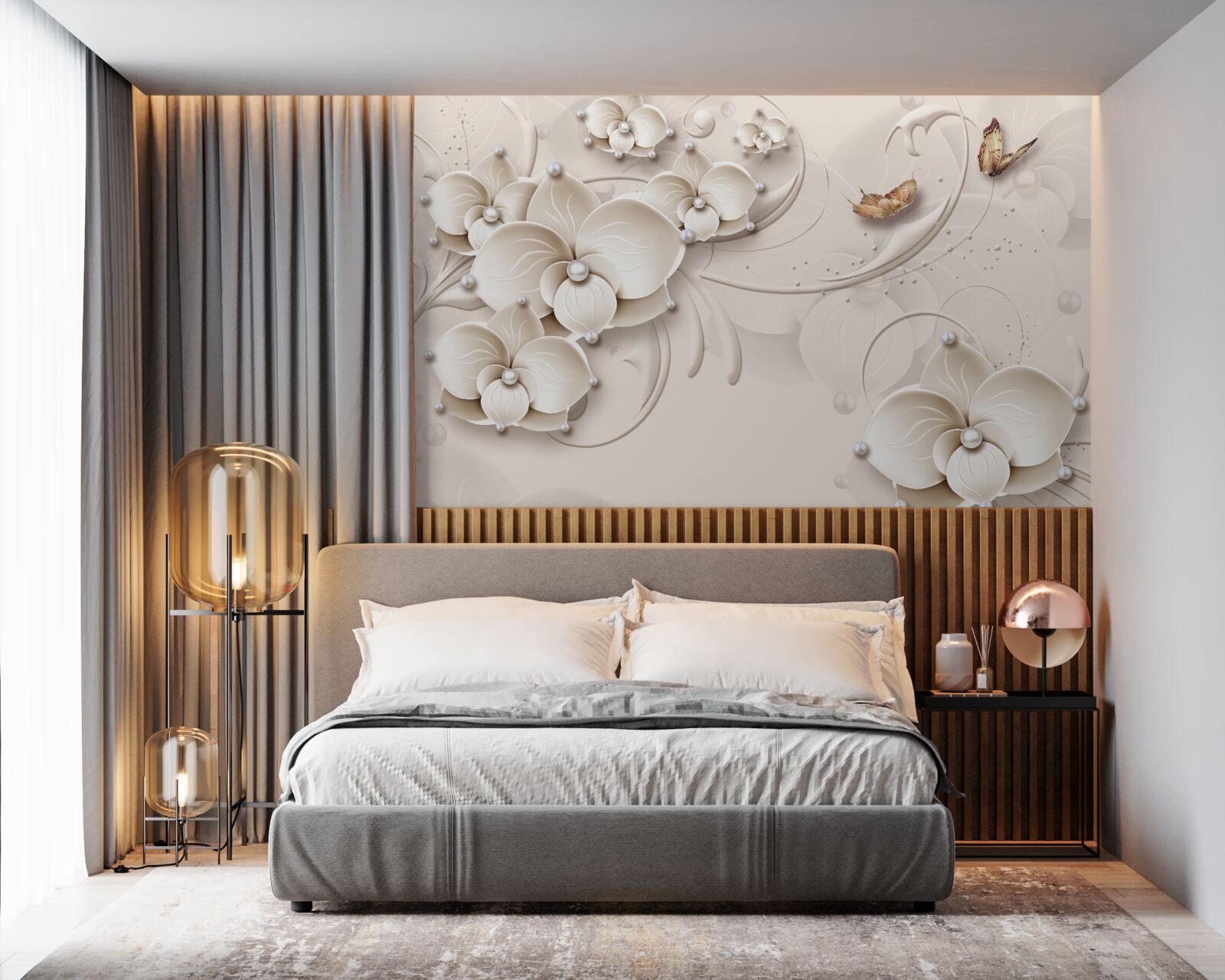 Papier peint papillons et branches d'une orchidée blanche comme neige