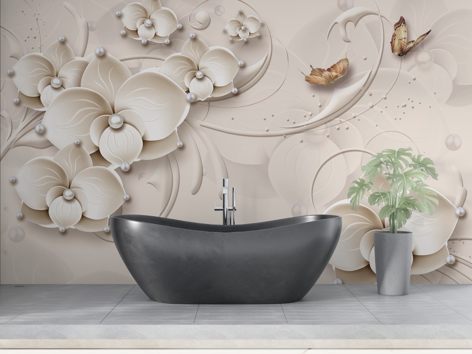 Papier peint papillons et branches d'une orchidée blanche comme neige