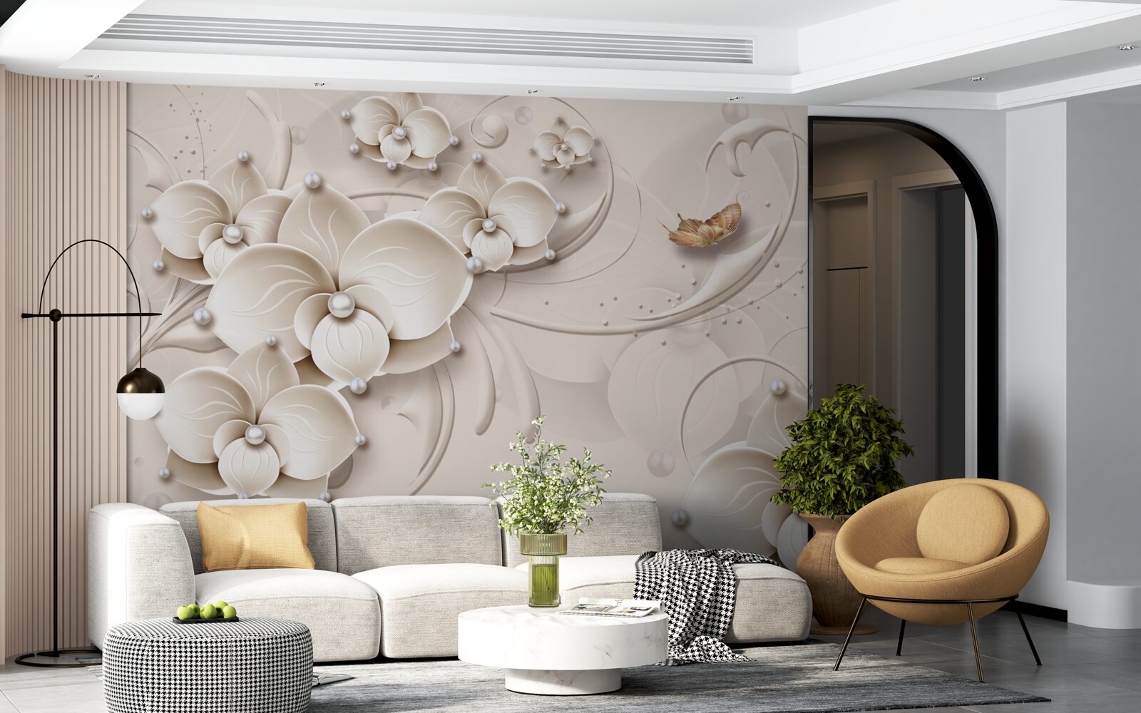 Papier peint papillons et branches d'une orchidée blanche comme neige