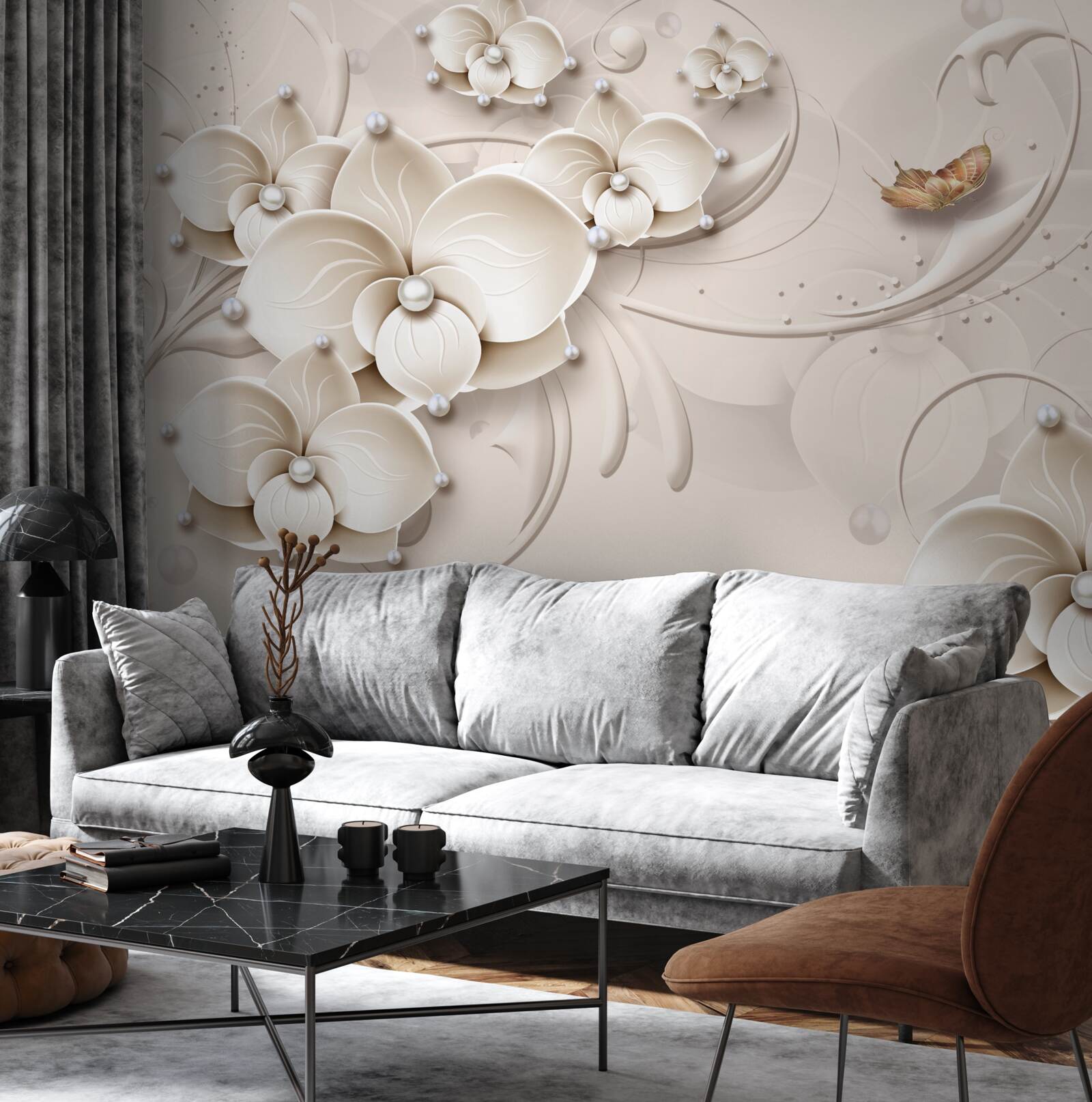 Papier peint papillons et branches d'une orchidée blanche comme neige