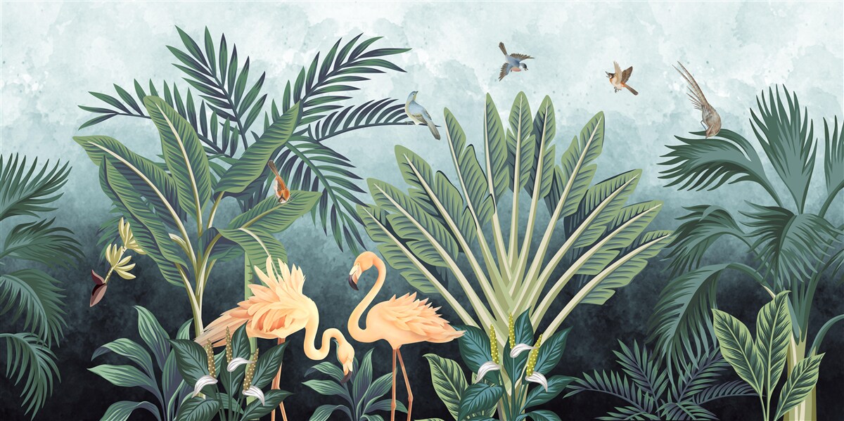 Papier peint dans la jungle, les flamants roses brillent sur l'eau