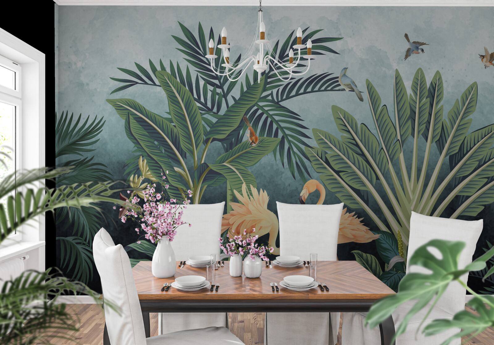 Papier peint dans la jungle, les flamants roses brillent sur l'eau